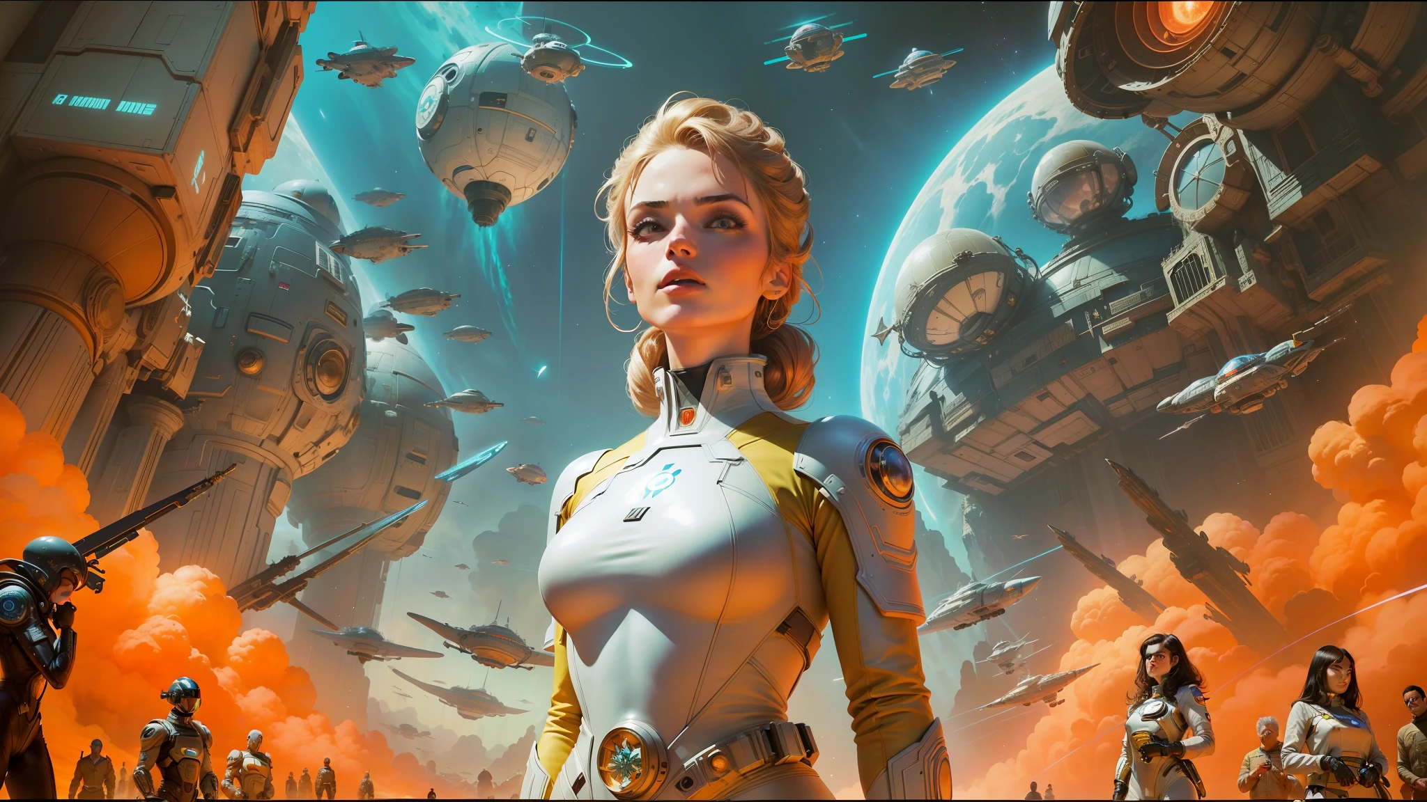arafed image of a woman in a futuristic space suit standing in front of a group of people, kilian eng and thomas kinkade, still from a music video, by Clyde Caldwell, 2045, cover art of graphic novel, seventies era, space battles, 2049 --auto --s2