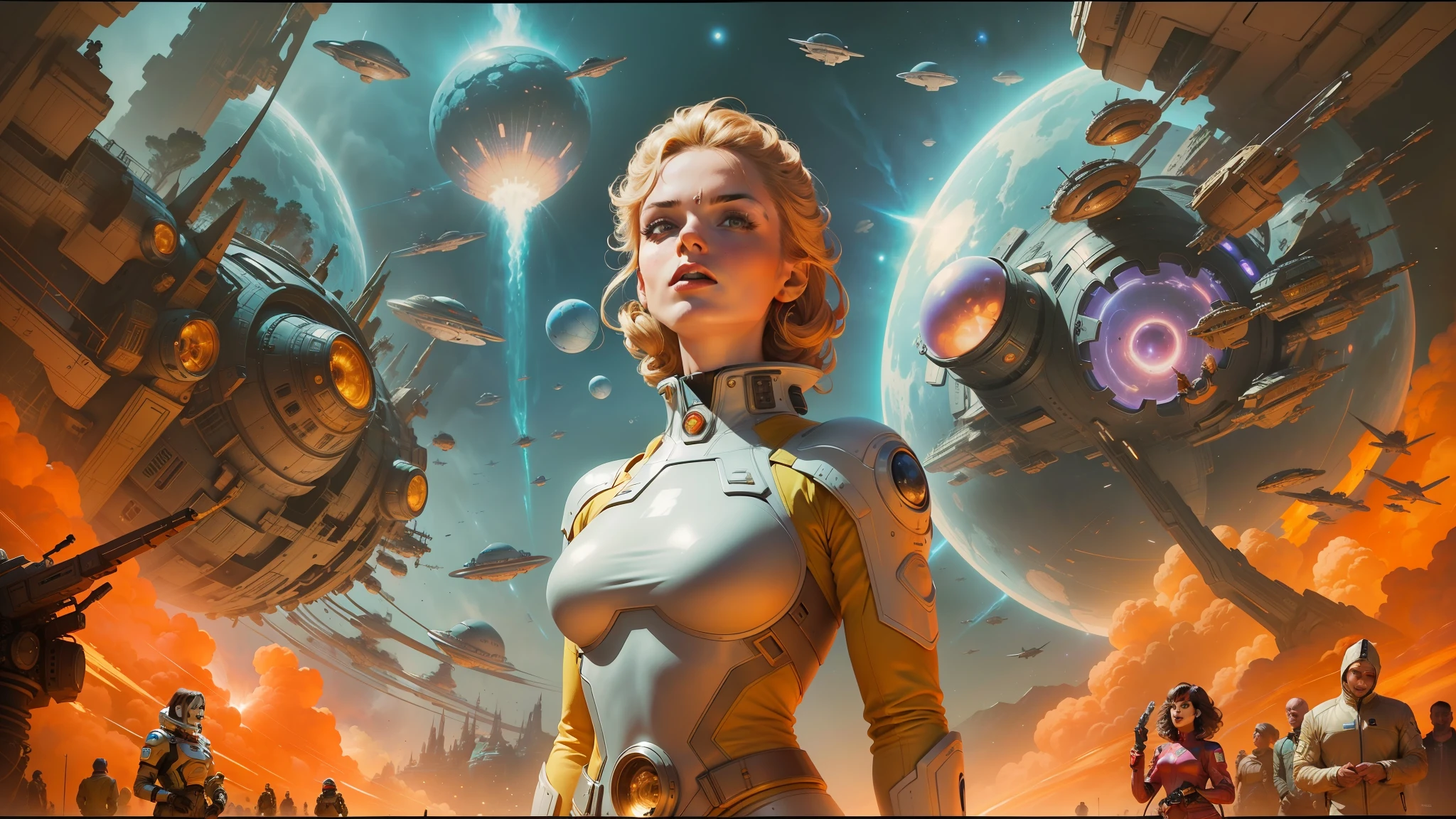 arafed image of a woman in a futuristic space suit standing in front of a group of people, kilian eng and thomas kinkade, still from a music video, by Clyde Caldwell, 2045, cover art of graphic novel, seventies era, space battles, 2049 --auto --s2