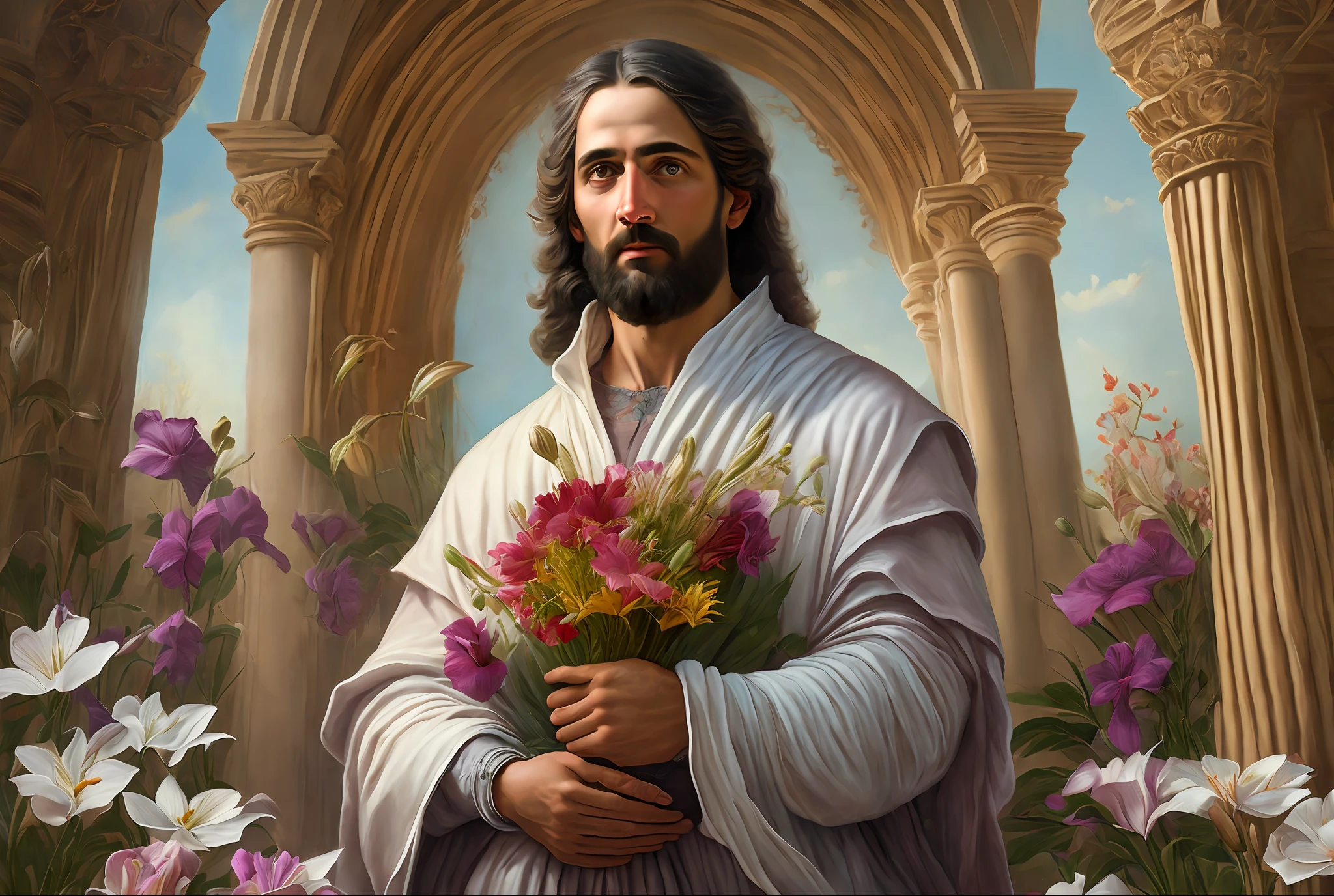 Image of a man holding lily and flowers, purity, religious art, realistic religious painting, 8k, biblical art lighting, European --auto --s2