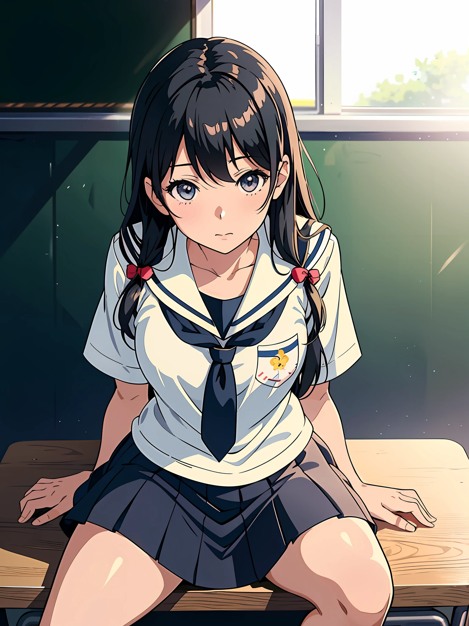 anime girl sitting on a desk in a classroom with a blackboard, beautiful anime high school girl, a hyperrealistic schoolgirl, seductive anime girl, kantai collection style, hyperrealistic schoolgirl, realistic schoolgirl, anime visual of a cute girl, anime best girl, attractive anime girl, school girl, smooth anime cg art, anime moe artstyle