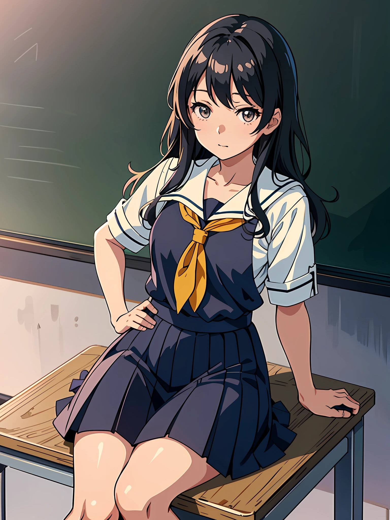 anime girl sitting on a desk in a classroom with a blackboard, beautiful anime high school girl, a hyperrealistic schoolgirl, seductive anime girl, kantai collection style, hyperrealistic schoolgirl, realistic schoolgirl, anime visual of a cute girl, anime best girl, attractive anime girl, school girl, smooth anime cg art, anime moe artstyle