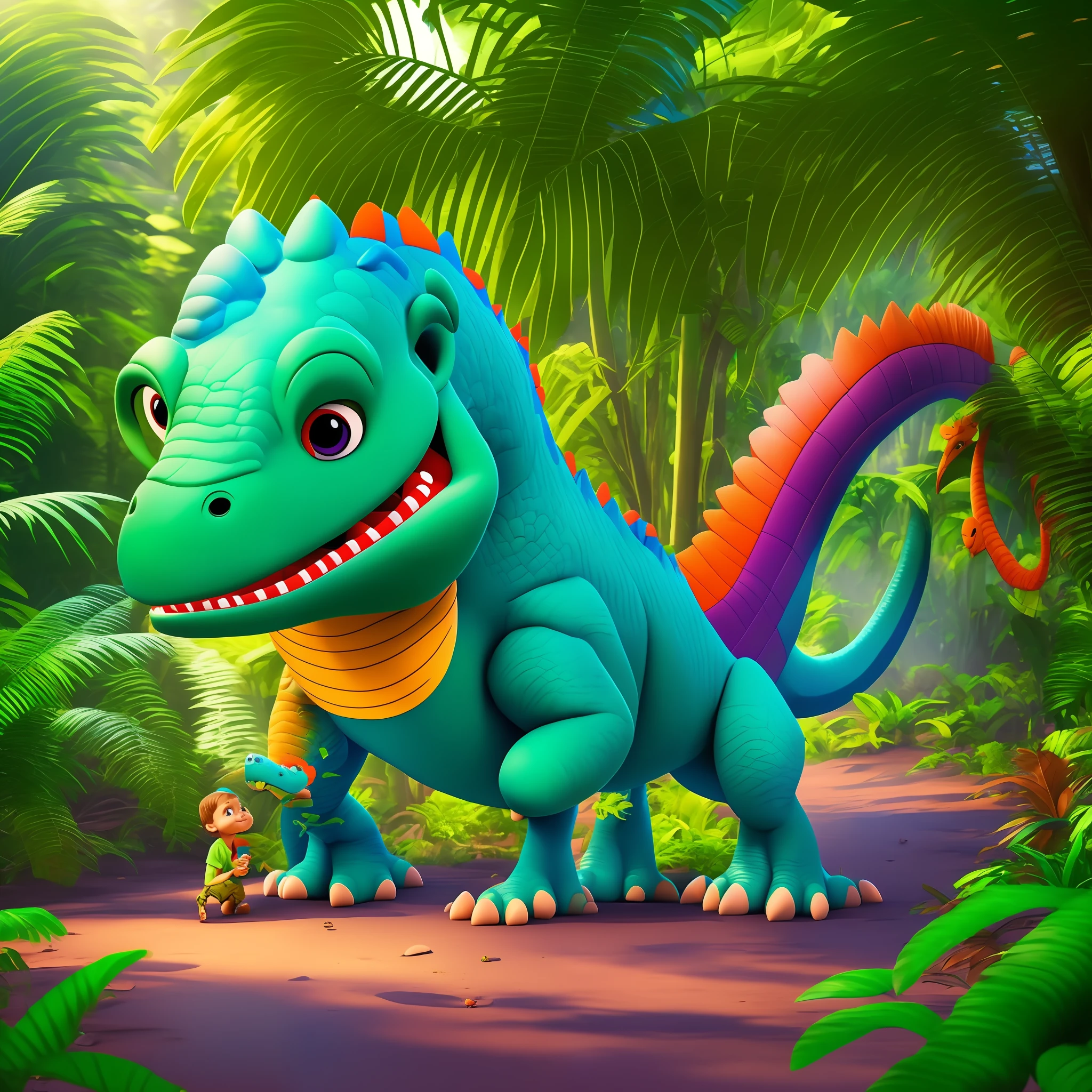 a boy, 3 years old, playing with a good dinosaur in the jungle, 3D pixar style, colorful --auto --s2