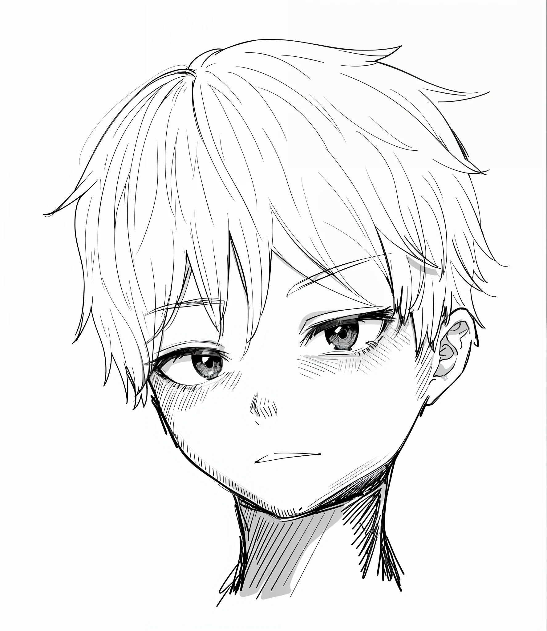 Boy with gray hair, line drawing, high quality, dark circles under the eyes, neutral face, slight smile, standing picture, full body