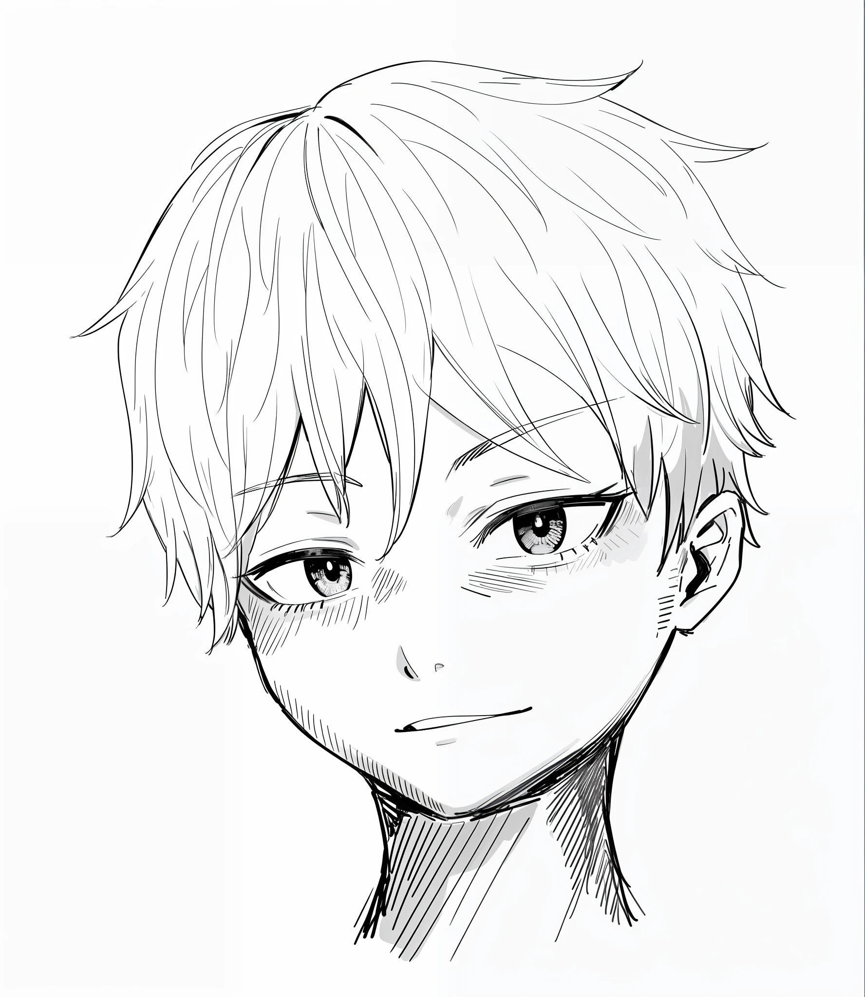 Boy with gray hair, line drawing, high quality, dark circles under the eyes, neutral face, slight smile, standing picture, full body