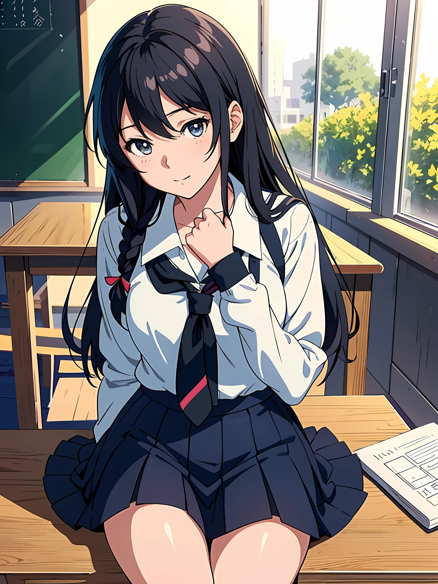 anime girl sitting on a desk in a classroom with a blackboard, beautiful anime high school girl, a hyperrealistic schoolgirl, seductive anime girl, kantai collection style, hyperrealistic schoolgirl, realistic schoolgirl, anime visual of a cute girl, anime best girl, attractive anime girl, school girl, smooth anime cg art, anime moe artstyle