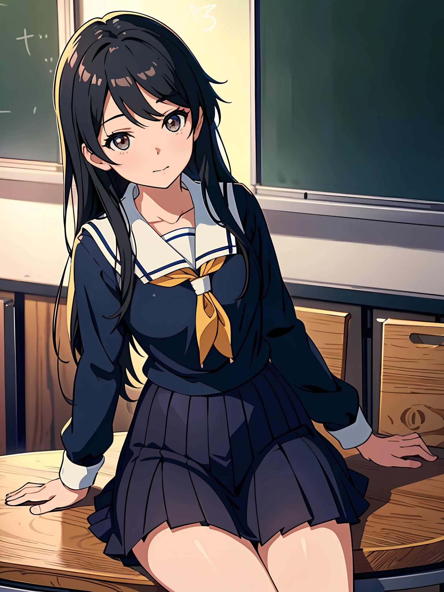 anime girl sitting on a desk in a classroom with a blackboard, beautiful anime high school girl, a hyperrealistic schoolgirl, seductive anime girl, kantai collection style, hyperrealistic schoolgirl, realistic schoolgirl, anime visual of a cute girl, anime best girl, attractive anime girl, school girl, smooth anime cg art, anime moe artstyle