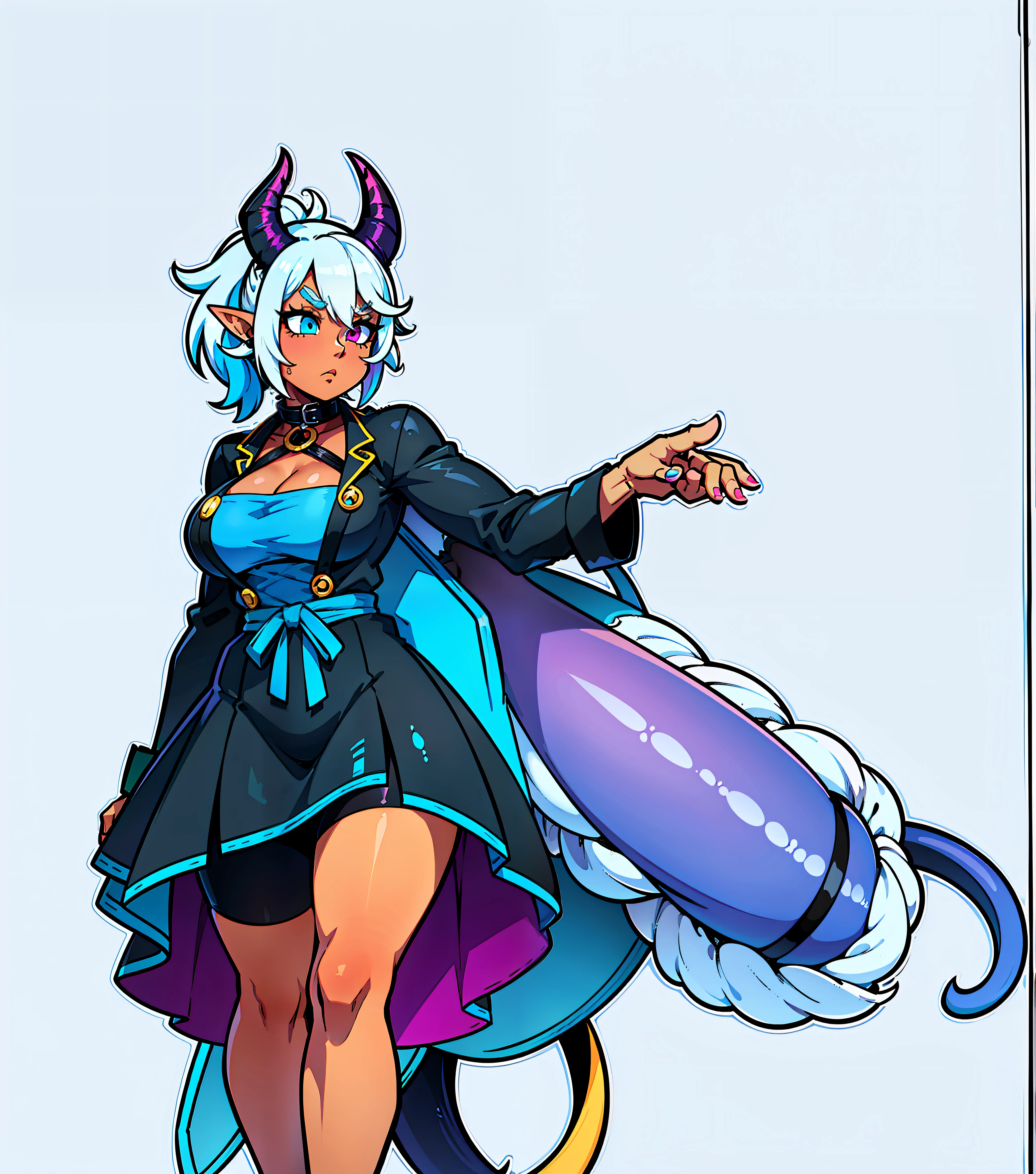 A muscular adult woman of dark skin tone, with very light yellow hair, ponytail with light blue streaks, has heterochromia, magenta colored right eye, blue colored left eye, black apron with fire ornament, jean shorts, medium breasts, apron with neckline, goblin ears, large blue bat wings, succubus tail,  blue horns