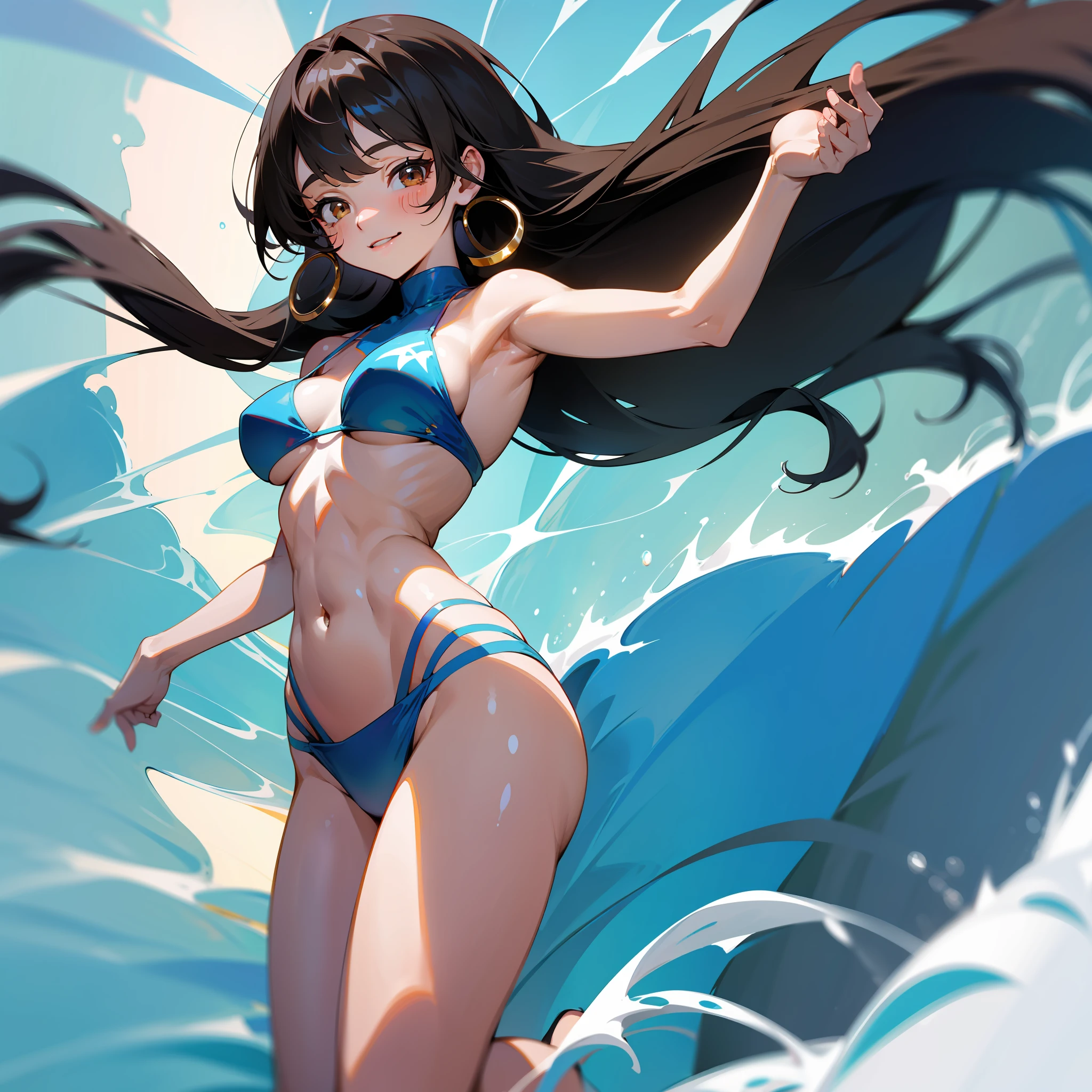 UHD, retina, masterpiece, accurate, anatomically correct, super detail, high details, high quality, award winning, best quality, highres, good anatomy, 1080P, HD, 4K, 8k, 16k, 1girl, long black hair, brown eyes, bangs, long locks, wearing a bikini 2-piece, breast crack, smiling, sparkling clear blue water