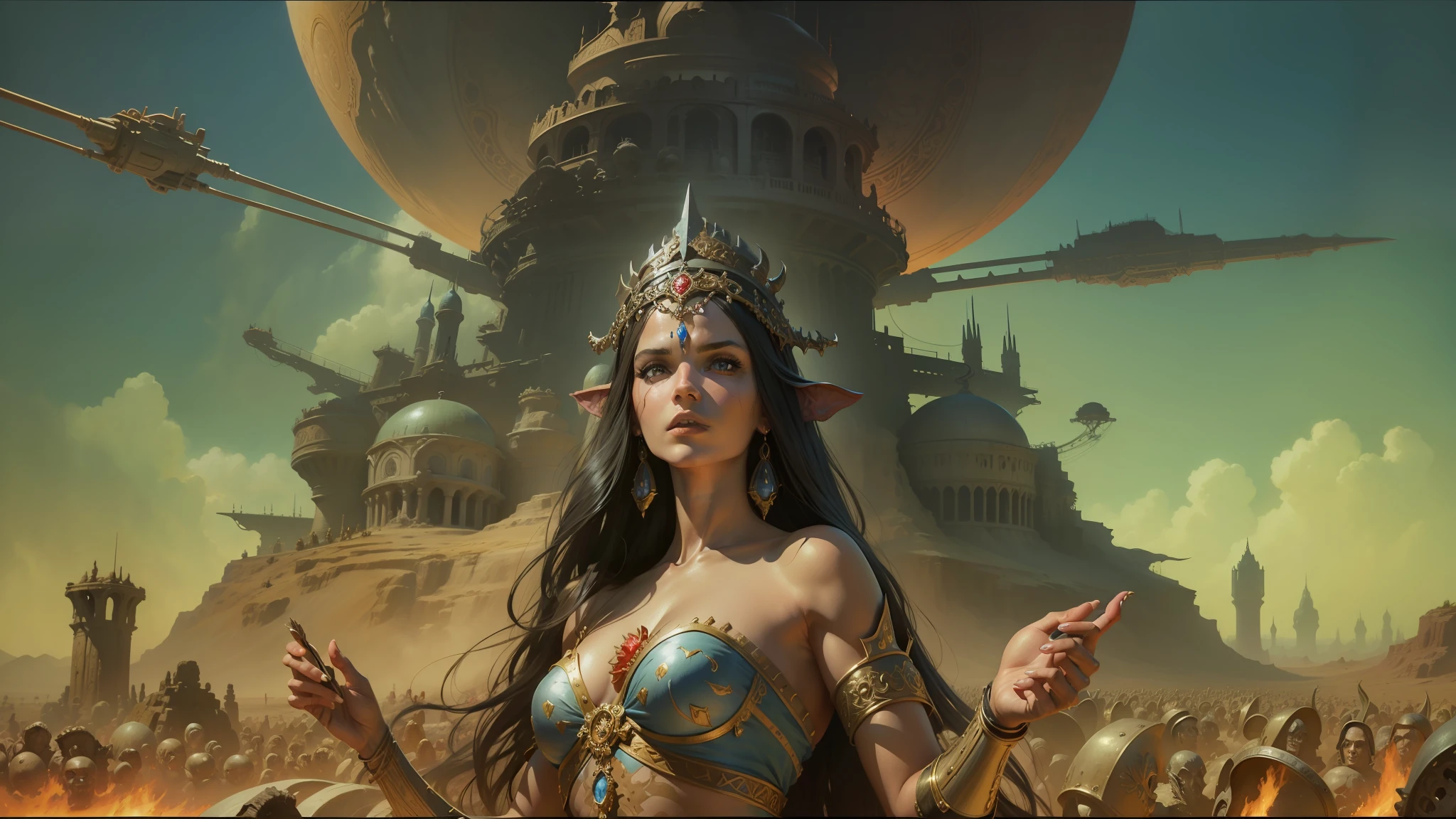 painting of a woman in a dress with a large headpiece and a lot of skulls, barsoom, award-winning fantasy art, protagonist in foreground, steve oliff, stereogram, goddess of war, pointed ears, necro, goddess of galaxies, panoramic widescreen view, john stephens, artificial intelligence princess, inspired by Boris Vallejo, jeff easley cinematic --auto --s2