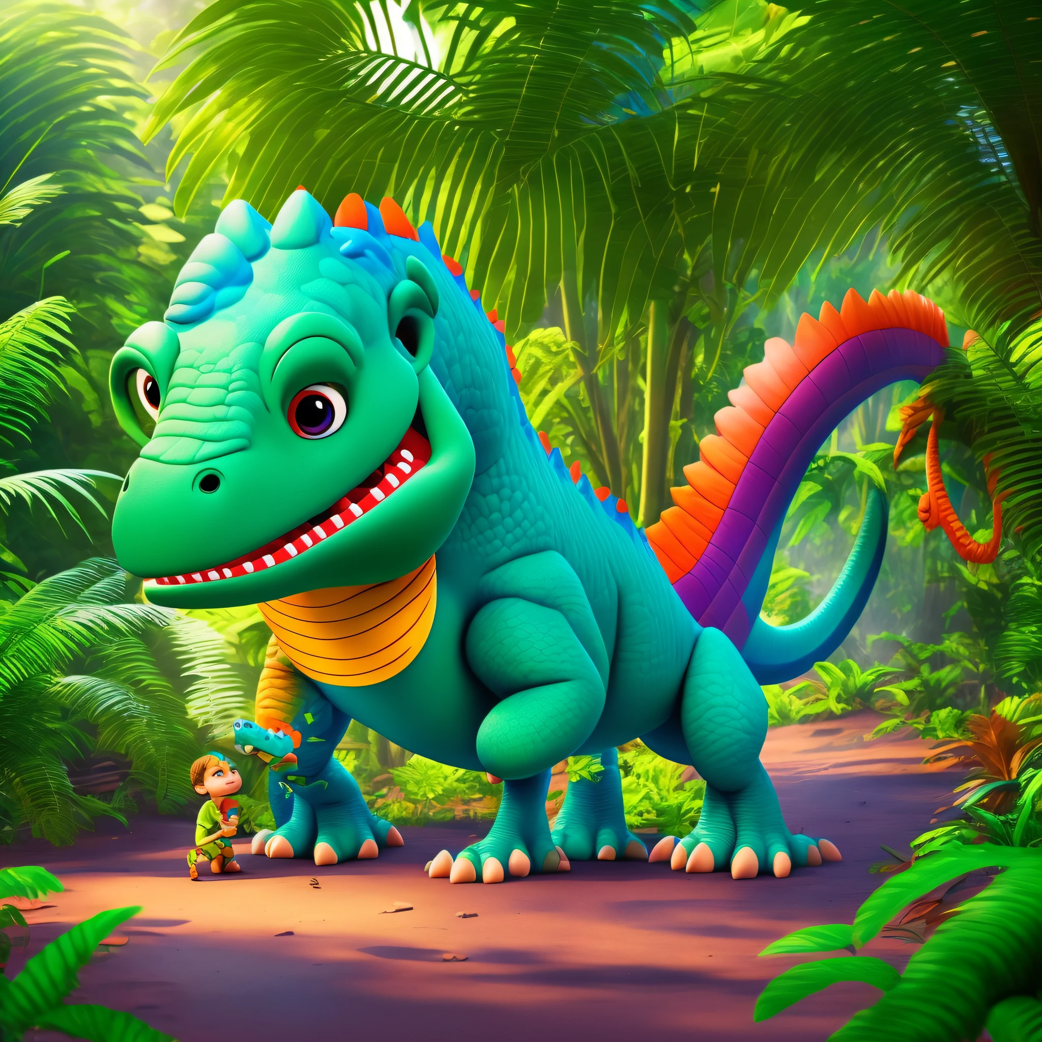 a boy, 3 , playing with a good dinosaur in the jungle, 3D pixar style, colorful --auto --s2