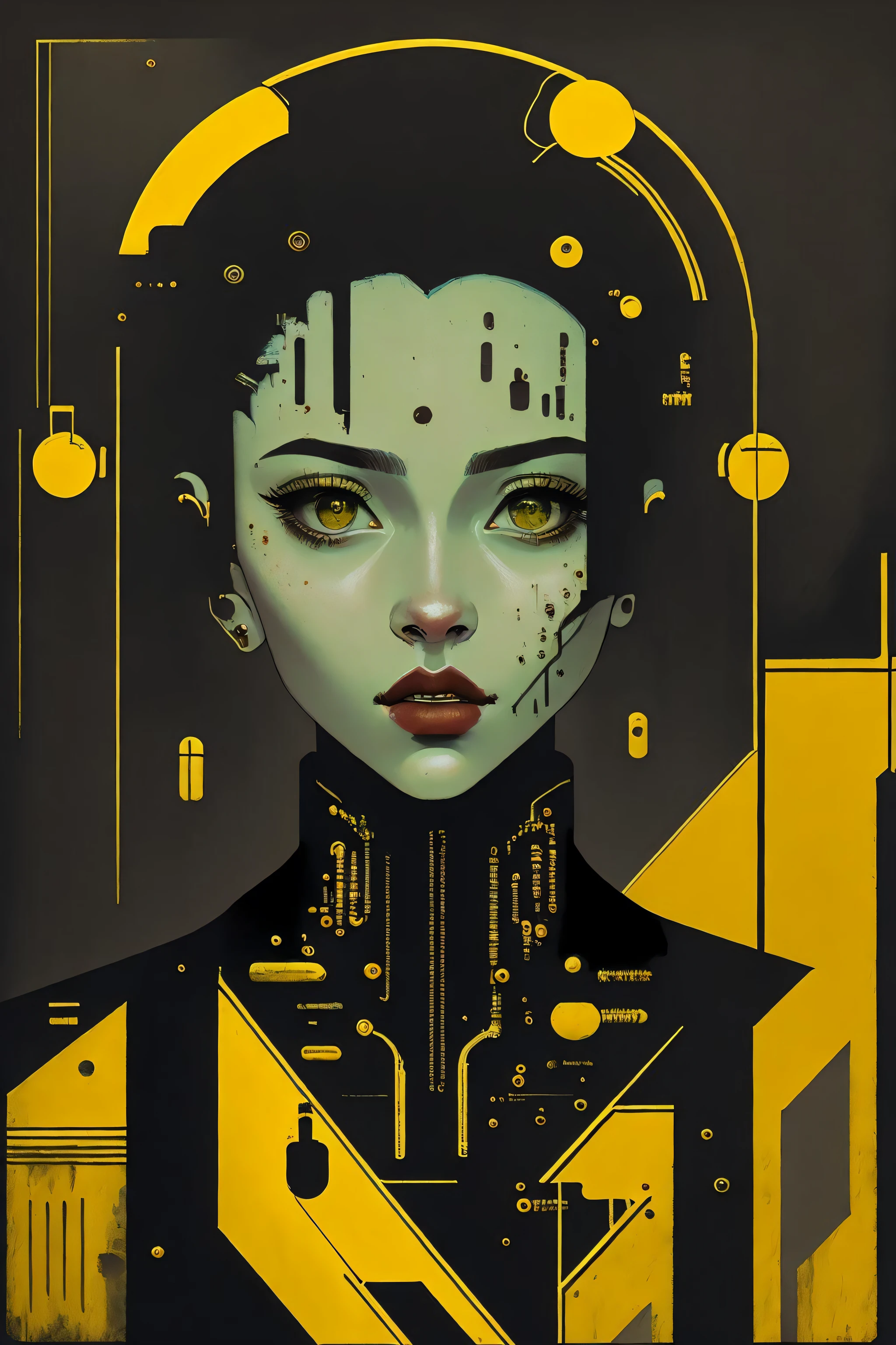 (masterpiece, 4k ,ultra detailed,raw photo:1.2),illustration,
(1woman:1),
(simple background:black and yellow background1.4),
(symmetry:1.2),
(art deco:1.4),
(retro-futuristic:1.4),
(minimalism:1.4),
(clean:1.4),
(flat_color:1.4),
(cyberpunk,android:1.4),
CCDDA Artstyle