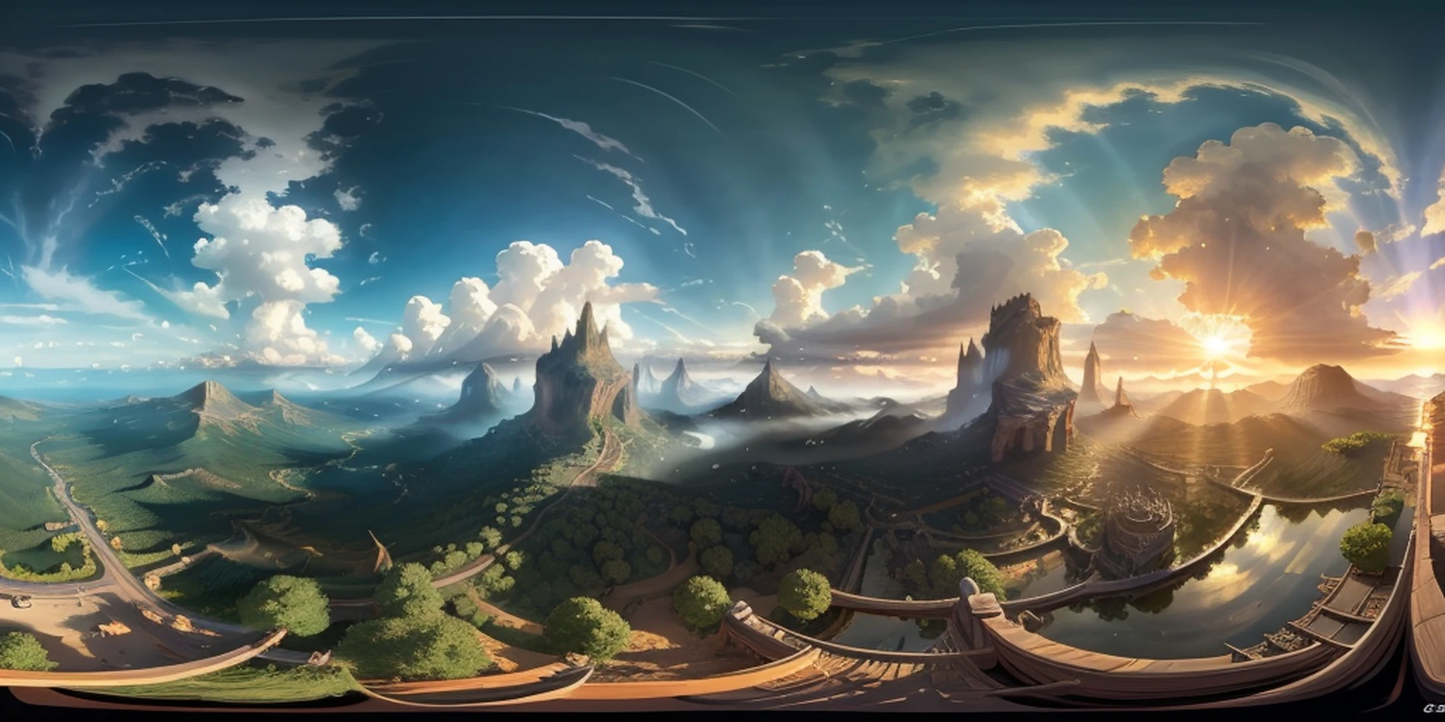 an equirectangular panorama 360, modelshoot style, (8k wallpaper of extremely detailed CG unit), sky with clouds and radiance of the sun, real amazing clouds, trends in artstation, pixiv, hyper-detailed Unreal Engine 4k 8k ultra HD, J.R. TOLKIEN, katshurio Otomo, forest, masterpiece, concept art, J.R. Tolkien, Claude Lorrain, trend in ArtStation, trend in CGSociety, Intricate, High Detail,  Sharp focus, dramatic painting and photorealistic art from Pixar