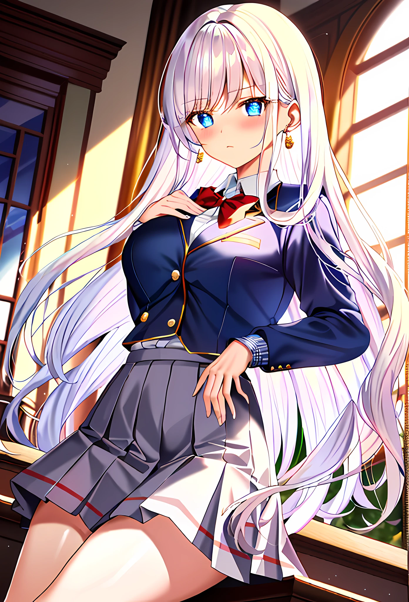 (masterpiece, reflections, atmospheric lighting, dynamic lighting), best quality, 1girl, perfect figure, perfect face, white hair, long luscious white hair, curly hair, delicate hair, deep blue eyes, glowing ice eyes, delicate fingers, delicate legs, shy, embarrassed, blushing, dangling earrings, school uniform, preppy school uniform, brown school jacket, white school shirt, brown checkered school skirt, black knee high sock, brown school shoes, hands over breast