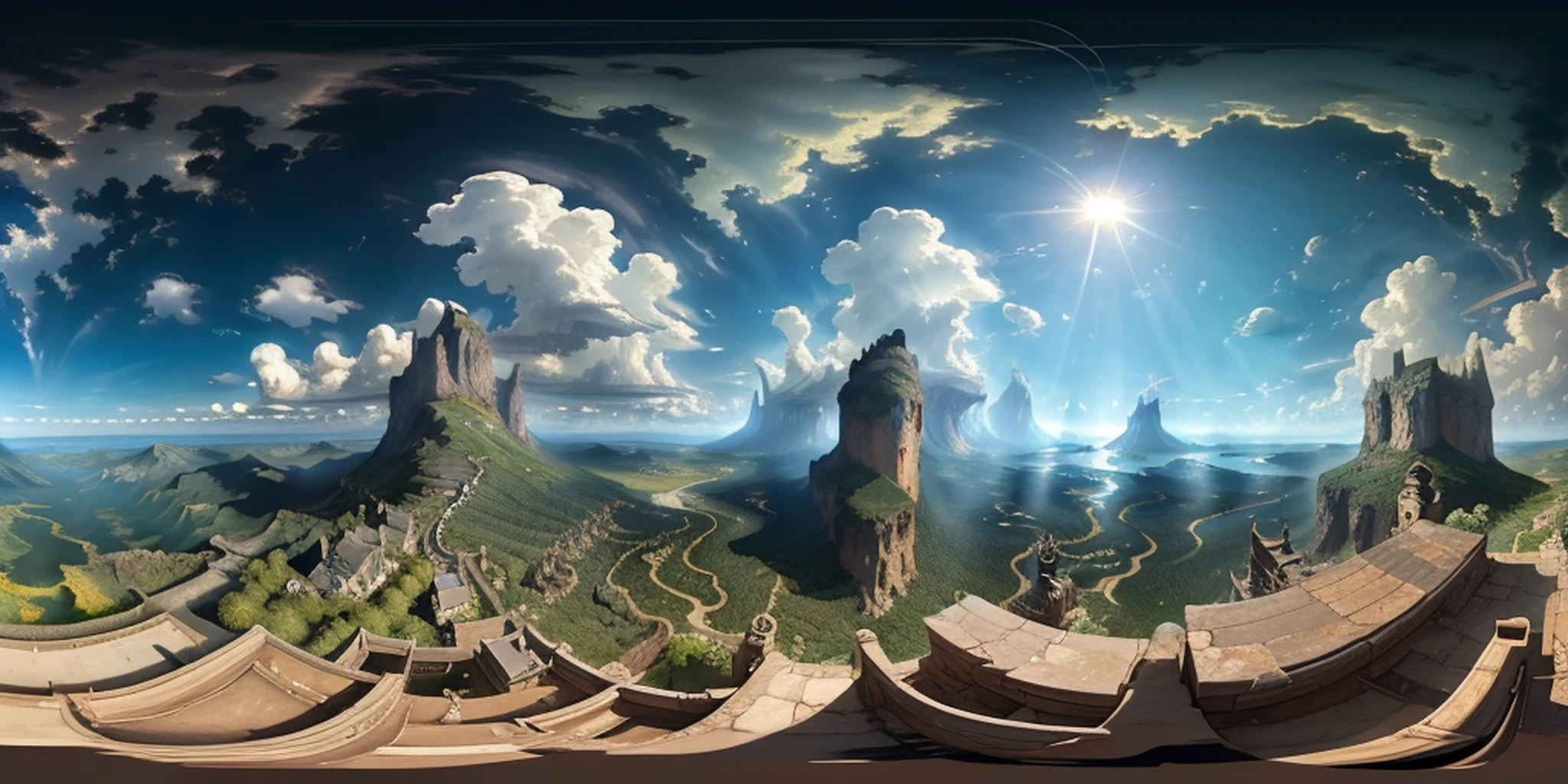 an equirectangular panorama 360, modelshoot style, (8k wallpaper of extremely detailed CG unit), sky with clouds and radiance of the sun, real amazing clouds, trends in artstation, pixiv, hyper-detailed Unreal Engine 4k 8k ultra HD, J.R. TOLKIEN, katshurio Otomo, forest, masterpiece, concept art, J.R. Tolkien, Claude Lorrain, trend in ArtStation, trend in CGSociety, Intricate, High Detail, Sharp focus, dramatic painting and photorealistic art from Pixar