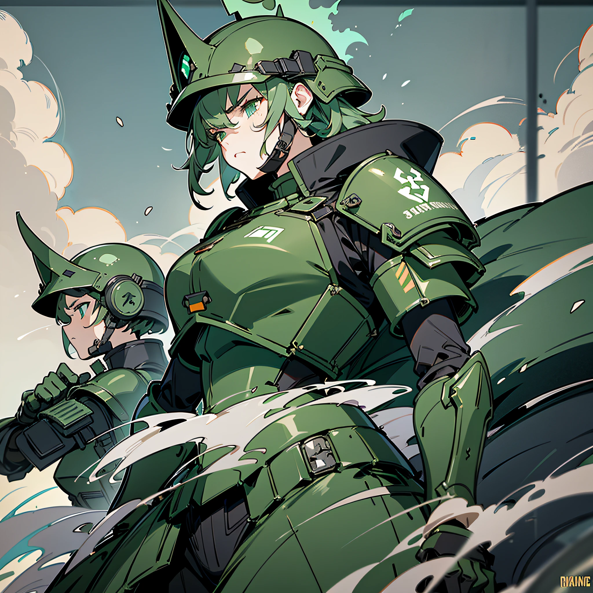 (best quality, masterpiece, extremely detailed), female soldiers in formation, dark green imperial heavy military armor, green heavy military helmet, serious faces, burning futuristic city, warzone, smoke, lighting, grim dark, dynamic poses, badass,