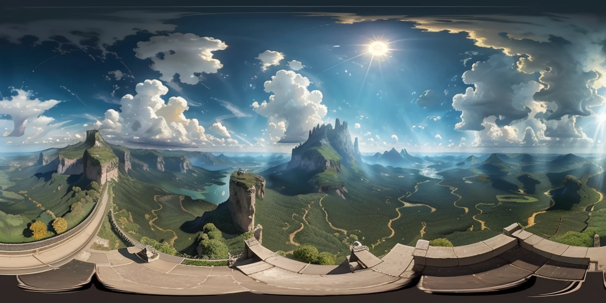 an equirectangular panorama 360, modelshoot style, (8k wallpaper of extremely detailed CG unit), sky with clouds and radiance of the sun, real amazing clouds, trends in artstation, pixiv, hyper-detailed Unreal Engine 4k 8k ultra HD, J.R. TOLKIEN, katshurio Otomo, forest, masterpiece, concept art, J.R. Tolkien, Claude Lorrain, trend in ArtStation, trend in CGSociety, Intricate, High Detail, Sharp focus, dramatic painting and photorealistic art from Pixar