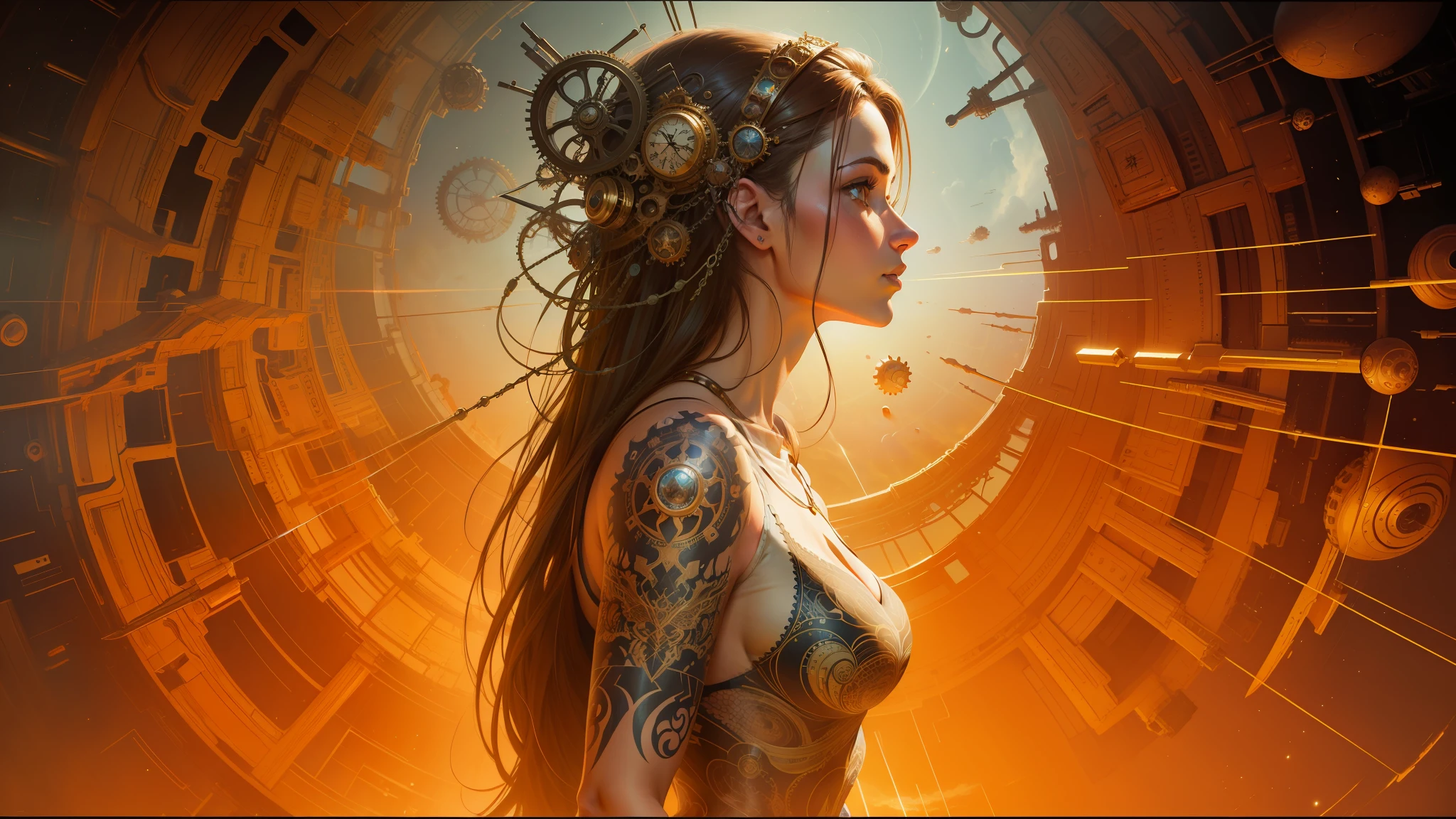 painting of a woman with a tattoo on her body and a clock in her hair, peter gric and dan mumford, thomas kinkade and paul lehr, in the stlye of moebius, sunburst behind woman, intricate planetary gears, john stephens, art of édouard bisson, mark brooks detailed, golden edges and fractals, beautiful character painting --auto --s2