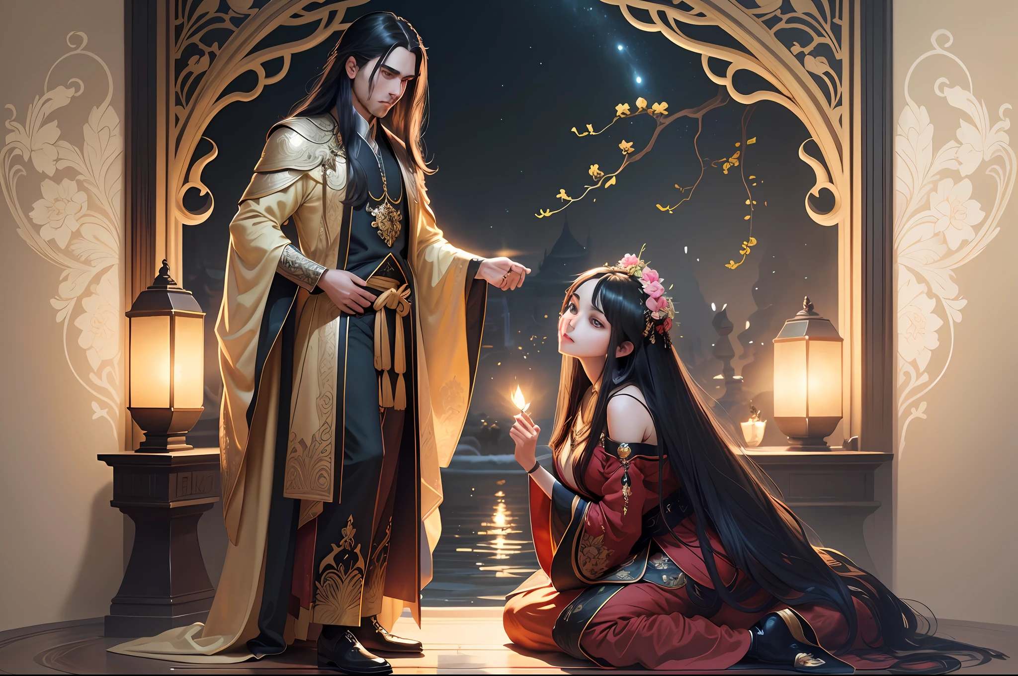 Masterpiece, Best Quality, (Very Detailed CG Unity 8k Wallpaper), (Best Quality), (Best Illustration), (Best Shadows), Absurd, Realistic Lighting, (Abyss), Beautiful Detailed Glow, Peter Mohr Beighter's art, masterpiece, best quality, (very detailed CG unified 8k wallpaper), (best quality), (best illustration), (best shadow), ultra-detailed, "They are an ancient couple, | The boy is tall, broad shoulders and strong arms, his face is well-defined, handsome, and his eyes are deep and clear. He wore a wide robe with exquisite embroidery on it, a pair of loose pants underneath, and a pair of leather boots under his feet, and the whole person looked calm and restrained. | The girl has a graceful figure, smart and beautiful, and her big eyes and long black hair make her look extremely charming. She wore a bright red robe with exquisite embroidery and gold thread, the hem of the dress fluttered in the wind, and a pair of red embroidered shoes at the corner of the skirt made her look beautiful and cute. They came to a lotus pond, and the lotus flowers glowed faintly golden in the moonlight, which was very beautiful. "Digital Art, trending artstation, 4K, high detail, cinematic lighting, intricate, high detail, sharp-focused, dramatic, realistic