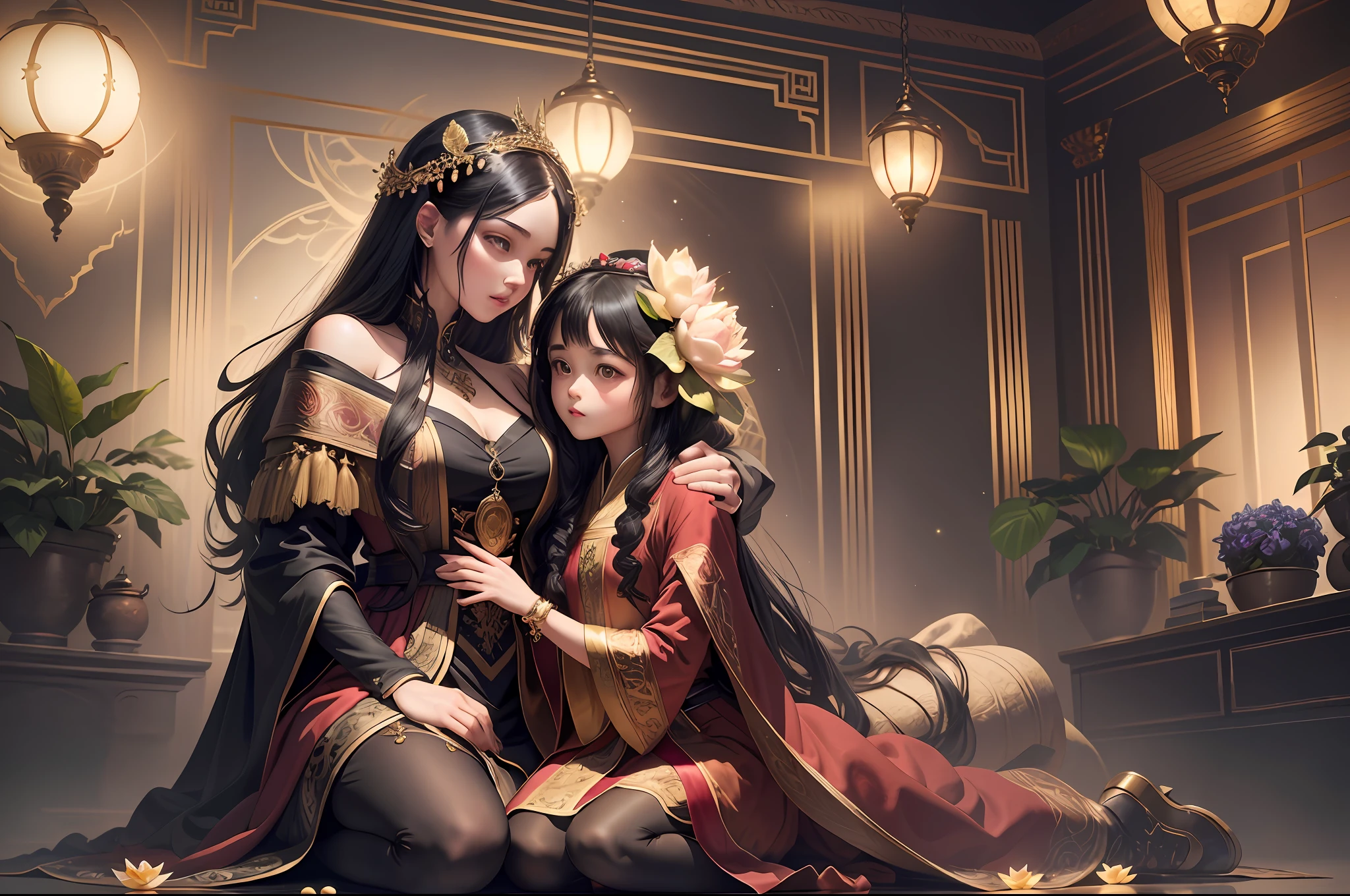 Masterpiece, Best Quality, (Very Detailed CG Unity 8k Wallpaper), (Best Quality), (Best Illustration), (Best Shadows), Absurd, Realistic Lighting, (Abyss), Beautiful Detailed Glow, Peter Mohr Beighter's art, masterpiece, best quality, (very detailed CG unified 8k wallpaper), (best quality), (best illustration), (best shadow), ultra-detailed, "They are an ancient couple, | The boy is tall, broad shoulders and strong arms, his face is well-defined, handsome, and his eyes are deep and clear. He wore a wide robe with exquisite embroidery on it, a pair of loose pants underneath, and a pair of leather boots under his feet, and the whole person looked calm and restrained. | The girl has a graceful figure, smart and beautiful, and her big eyes and long black hair make her look extremely charming. She wore a bright red robe with exquisite embroidery and gold thread, the hem of the dress fluttered in the wind, and a pair of red embroidered shoes at the corner of the skirt made her look beautiful and cute. They came to a lotus pond, and the lotus flowers glowed faintly golden in the moonlight, which was very beautiful. "Digital Art, trending artstation, 4K, high detail, cinematic lighting, intricate, high detail, sharp-focused, dramatic, realistic