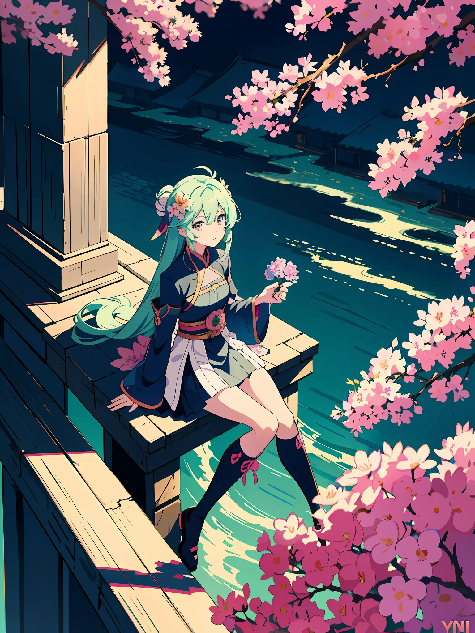anime girl sitting on a ledge with a flower in her hair, an anime drawing by Yuumei, pixiv contest winner, fantasy art, anime art wallpaper 8 k, artwork in the style of guweiz, 4k anime wallpaper, anime art wallpaper 4 k, anime art wallpaper 4k, beautiful anime girl, anime wallpaper 4 k, anime wallpaper 4k