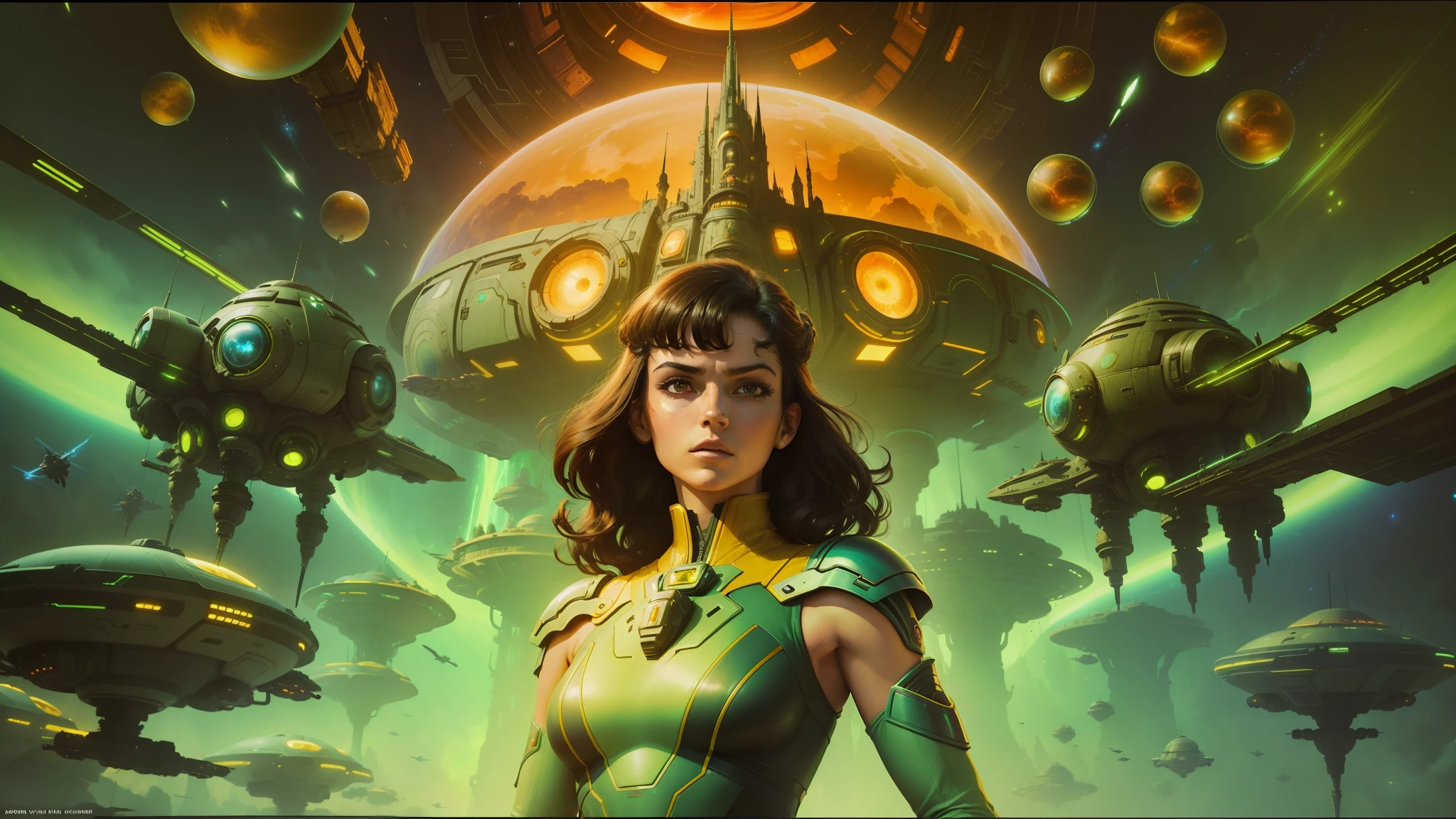 arafed image of a woman in a futuristic space setting, a retropunk naturewave defender, alien castle in background, by Jean Fautrier, furious dark haired women, ( ( barclay shaw ) ), swarm, shmup, many giant eye balls, shiny plastic armor, authority --auto --s2