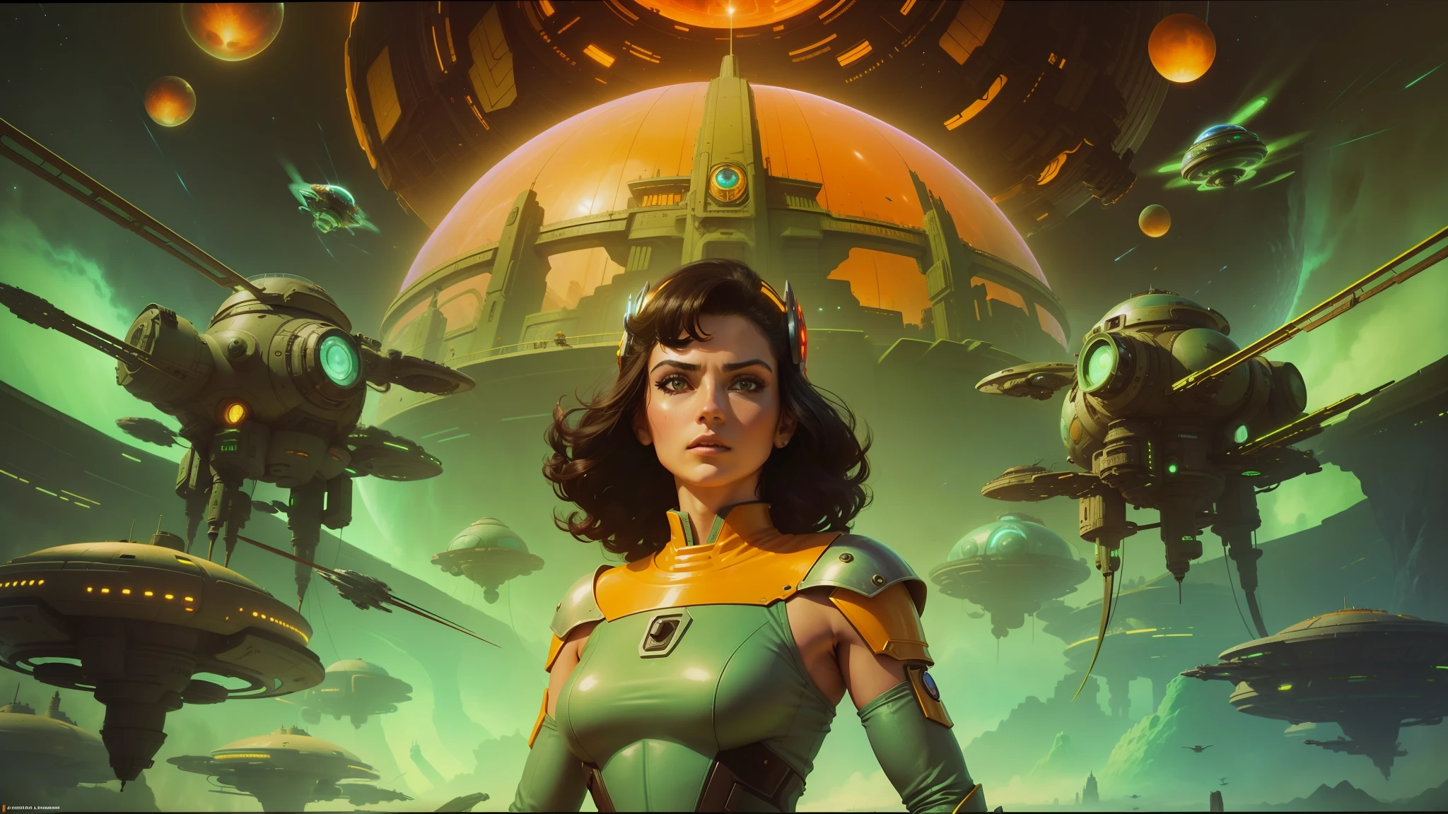arafed image of a woman in a futuristic space setting, a retropunk naturewave defender, alien castle in background, by Jean Fautrier, furious dark haired women, ( ( barclay shaw ) ), swarm, shmup, many giant eye balls, shiny plastic armor, authority --auto --s2