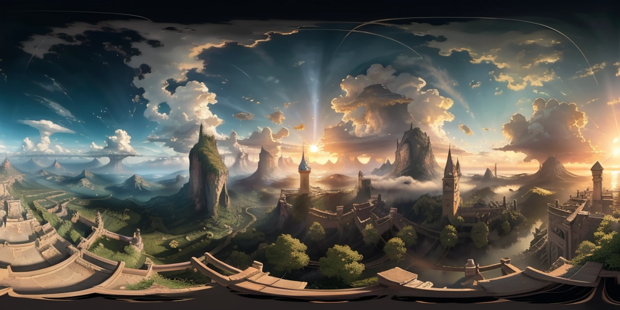 a 360 equirectangular panorama, modelshoot style, (extremely detailed 8k CG unit wallpaper), sky with clouds and radiance of the sun, real amazing clouds, trends in artstation, pixiv, hyper-detailed Unreal Engine 4k 8k ultra HD, J.R. TOLKIEN, , forest, masterpiece, concept art, J.R. Tolkien, Claude Lorrain, trend in ArtStation, trend in CGSociety, Intricate, High Detail, Sharp focus, dramatic and photorealistic painting, 16k