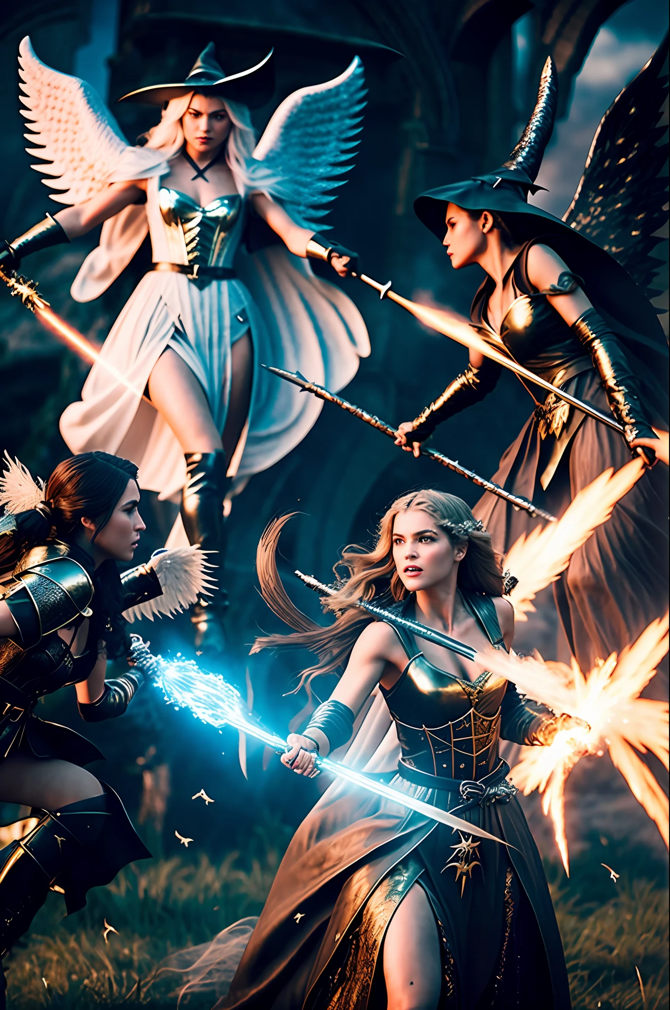 (Photo shows a battle between an angel and a witch, an angel fights a witch), battle, battlefield, angel vs witch fight, hyperdetail, ultra-sharpness, 8k, (insanely detailed: 1.5), ((full-length photo)), 20 MP, canon eos r3, detailed skin, (perfect face: 1.5), high facial detail