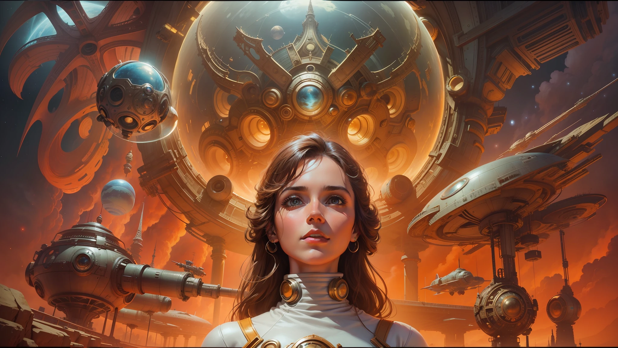 arafed image of a woman in a sci - fiction style scene, 1 9 7 0 s movie poster, beautiful hyperdetailed, youtube thumbnail, inspired by John Philip Falter, larry macdougall, harmony of the spheres, cybernetic culture research unit, donoto giancola, marc brunet, kirill leonov, panoramic anamorphic --auto --s2