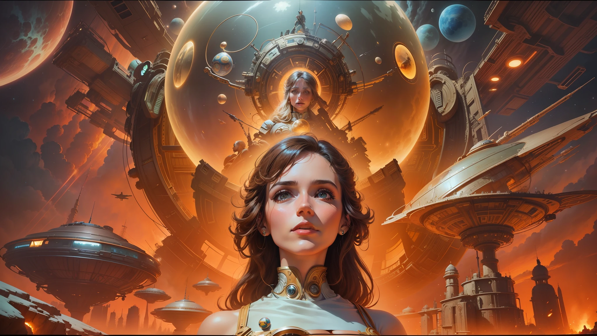 arafed image of a woman in a sci - fiction style scene, 1 9 7 0 s movie poster, beautiful hyperdetailed, youtube thumbnail, inspired by John Philip Falter, larry macdougall, harmony of the spheres, cybernetic culture research unit, donoto giancola, marc brunet, kirill leonov, panoramic anamorphic --auto --s2