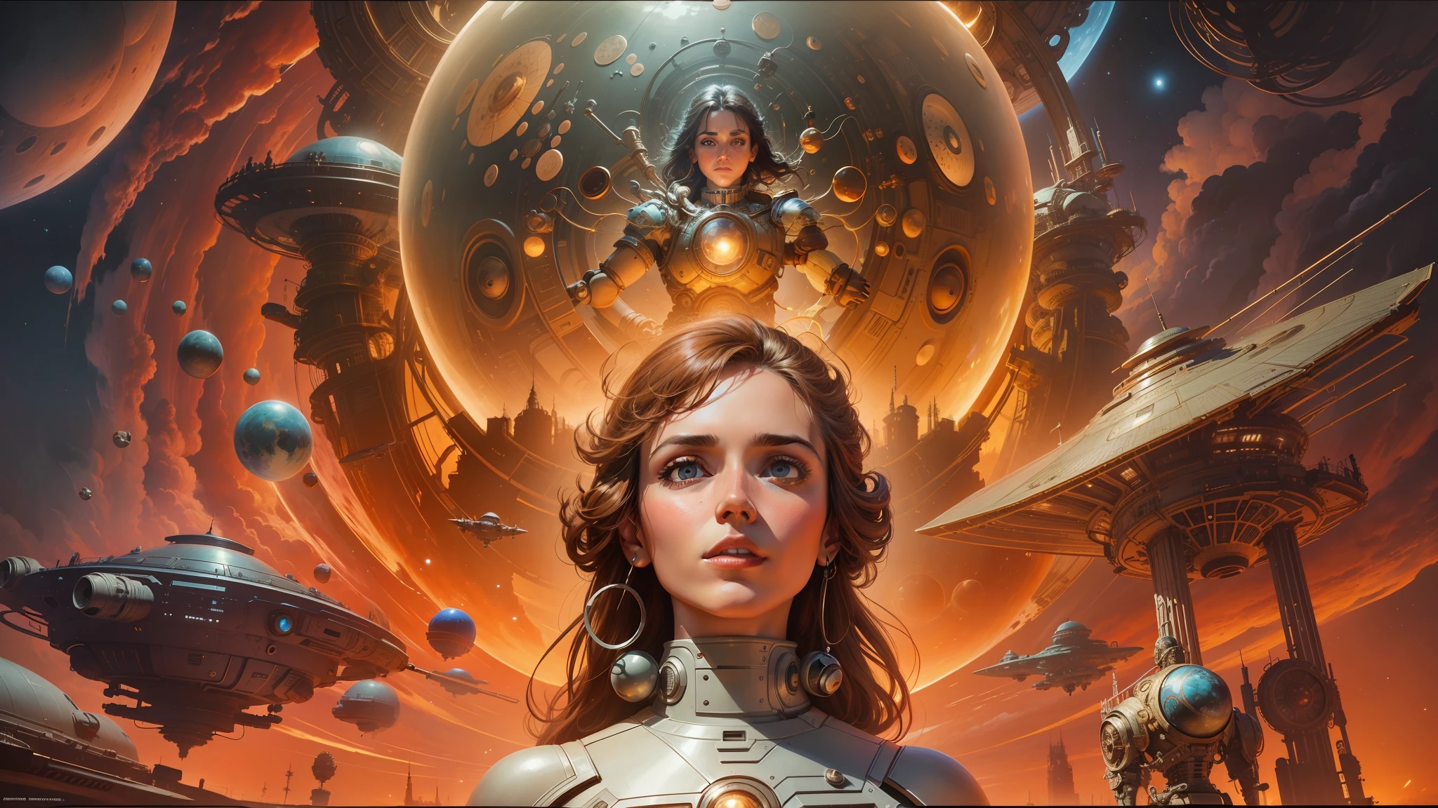 arafed image of a woman in a sci - fiction style scene, 1 9 7 0 s movie poster, beautiful hyperdetailed, youtube thumbnail, inspired by John Philip Falter, larry macdougall, harmony of the spheres, cybernetic culture research unit, donoto giancola, marc brunet, kirill leonov, panoramic anamorphic --auto --s2