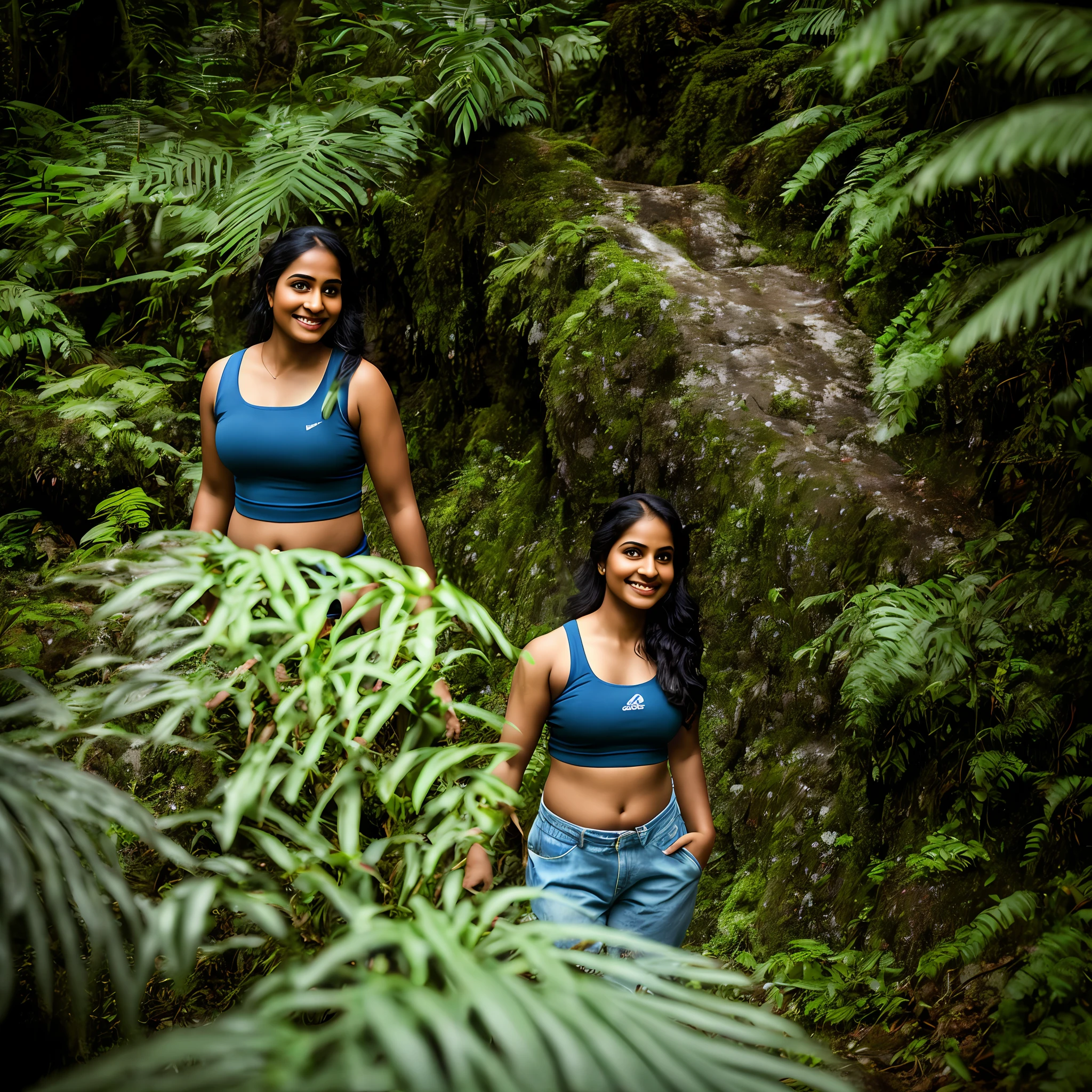 Indian kerala woman hiking in a rainforest ,8k uhd, digital SLR camera, soft light, high quality, film grain,high detail,UHD, masterpiece, accurate, anatomically correct, super detail, high quality, 16k, highres, award winning, ((full body shot)),soft light rays, realistic skin texture, extreme skin details, photorealistic, photograph, realistic, realism, photorealism, film grains, lifelike texture, dynamic composition, contrast lighting, sharp focus, raw photo, visible navel, visible knees, ((close up portrait))