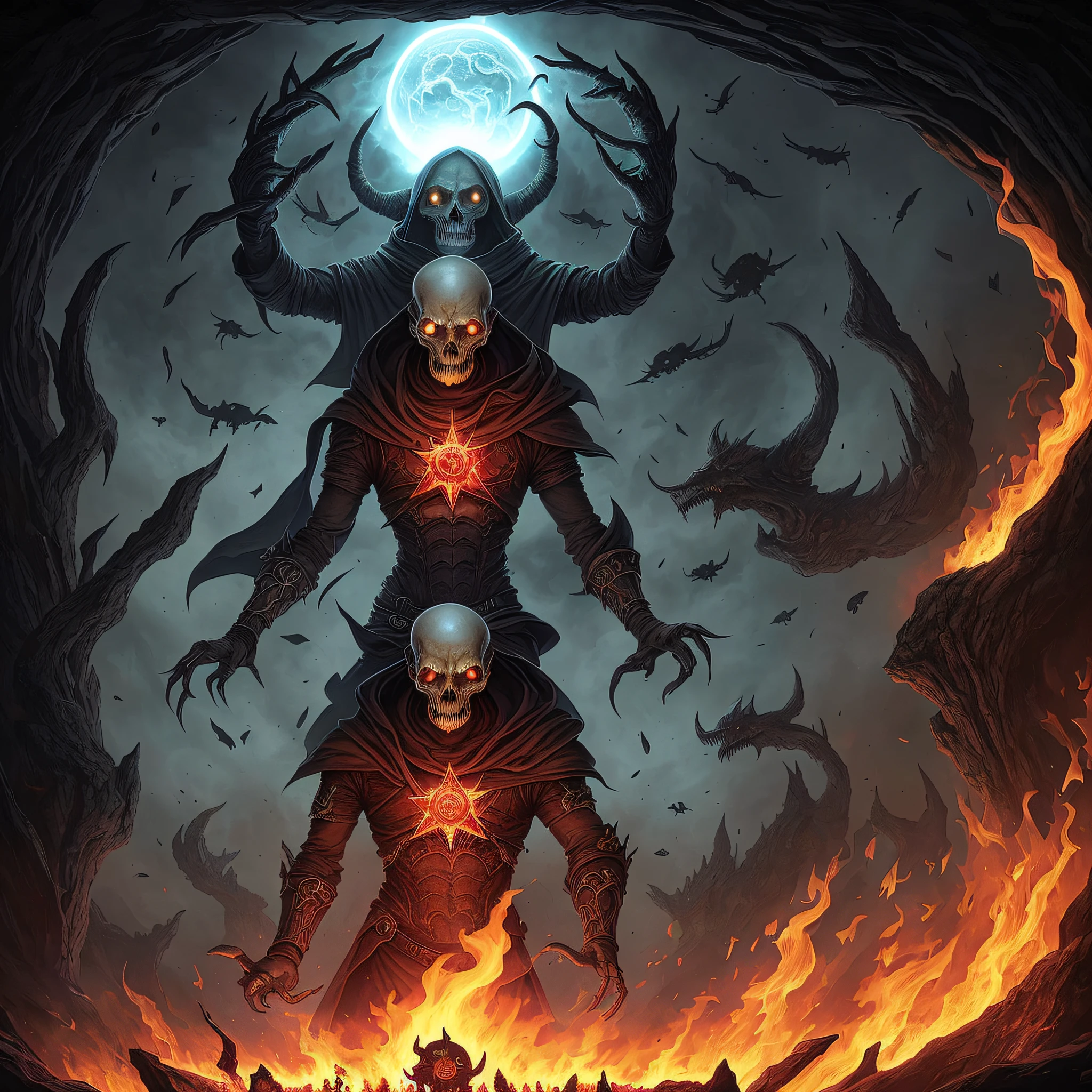 Style realism, realistic demons and fire, Arcanorum Astrum, the inscription on the poster "Arcanorum Astrum", the inscription on the painting "Arcanorum Astrum", all in dark colors, ritual with sacrifice, instead of faces, black holes, fog and smoke, black colors, necromancer looking at the sky, darkness instead of eyes, black holes instead of eyes, all in smoke, fog and fire, against the background of a huge pentagram, sacrifice, ritual dagger in hand, skulls, bones and blood