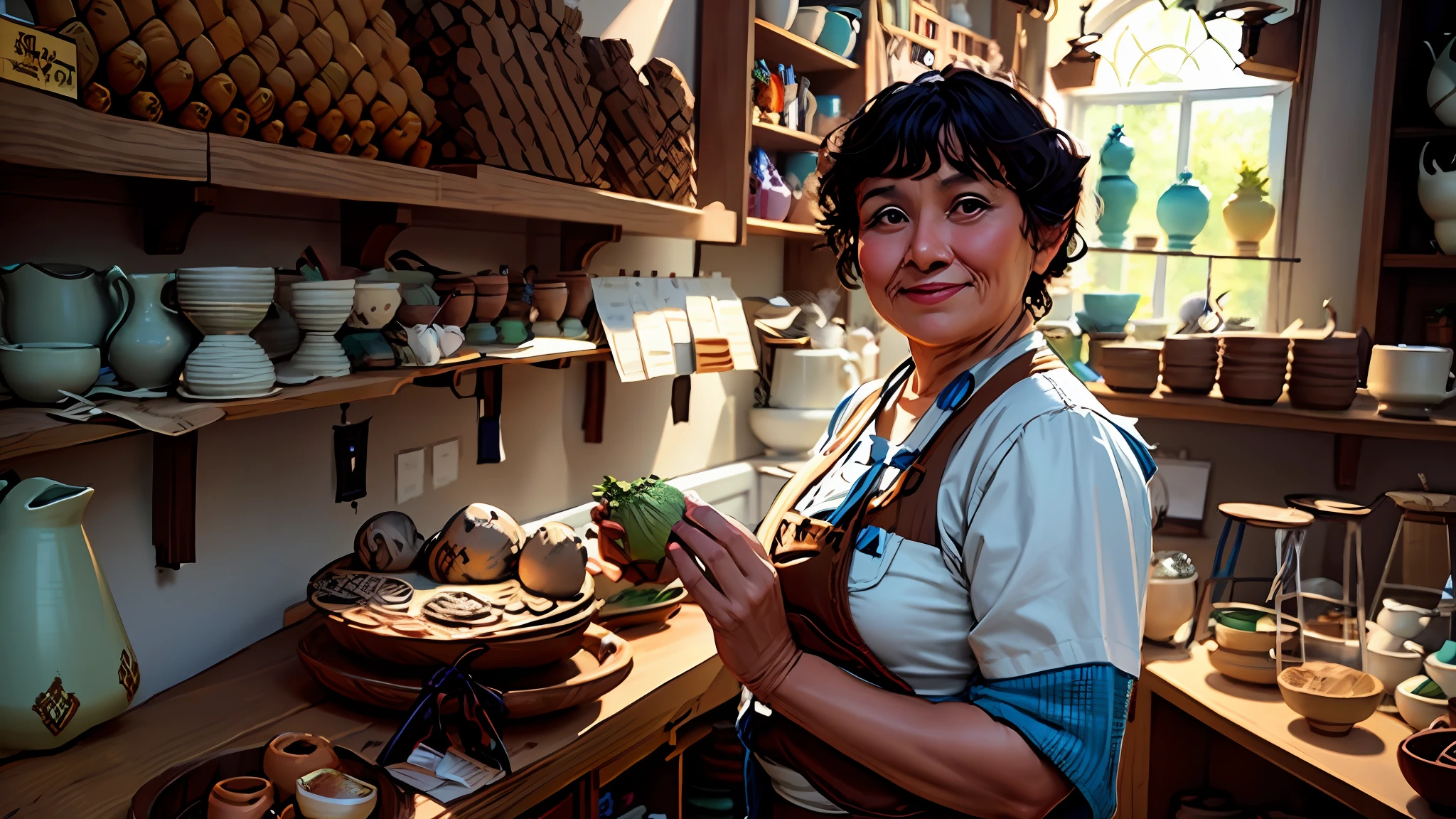 Woman in apron holding a piece of ceamic, in front of shelves of clay art, , unique sculpture of clay museum, ceramics, clay sculpture, craftsman, artisanal art, ceramics, professional artist, hand-built ceramics, anime style. high quality.