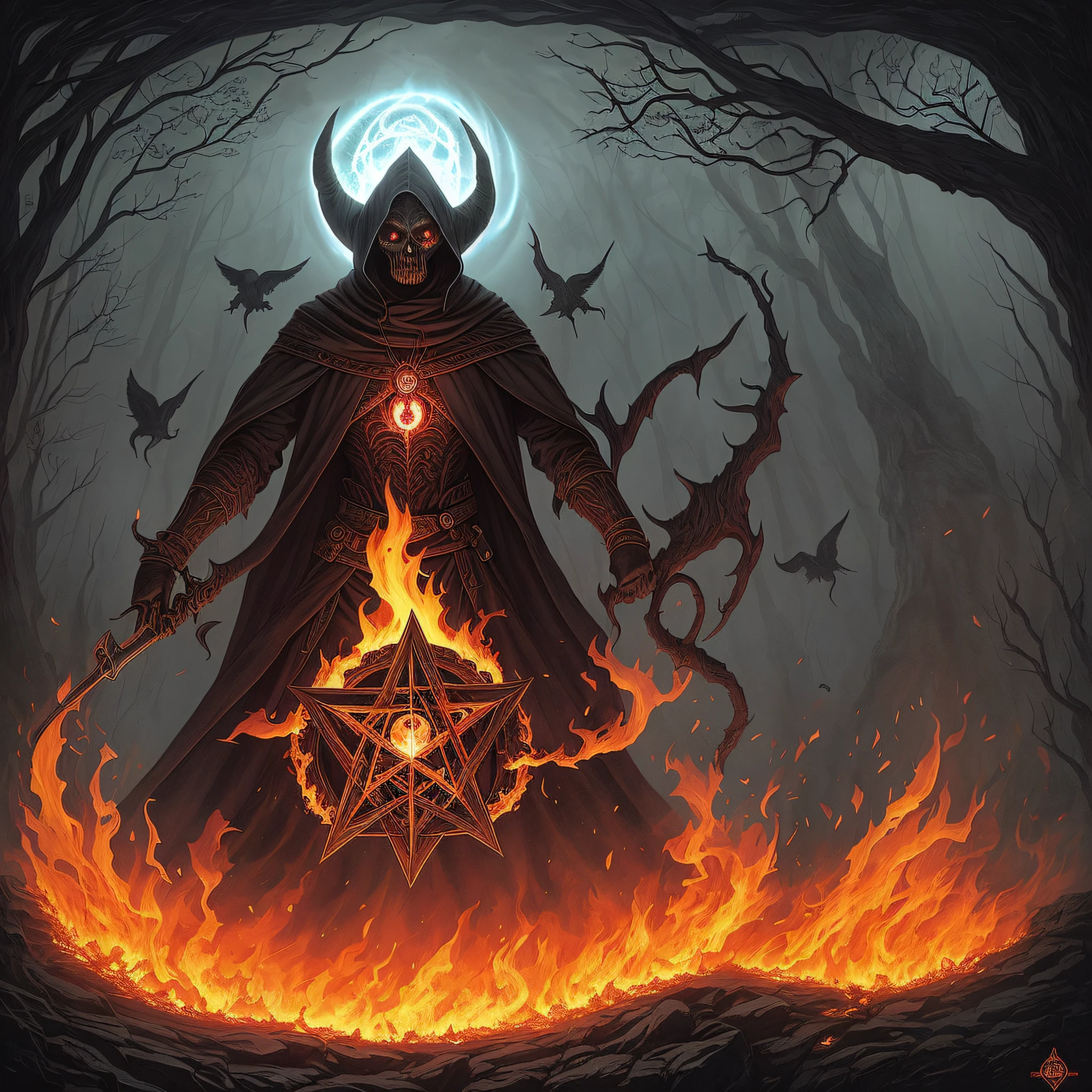 realistic demons and fire, Arcanorum Astrum, write Arcanorum Astrum, inscription on the painting Arcanorum Astrum, all in dark colors, ritual with sacrifice, black holes instead of faces, fog and smoke, black colors, necromancer looking at the sky, darkness instead of eyes, black holes instead of eyes, all in smoke, fog and fire, against the background of a huge pentagram, sacrifice, ritual dagger in his hands, skulls, bones and blood