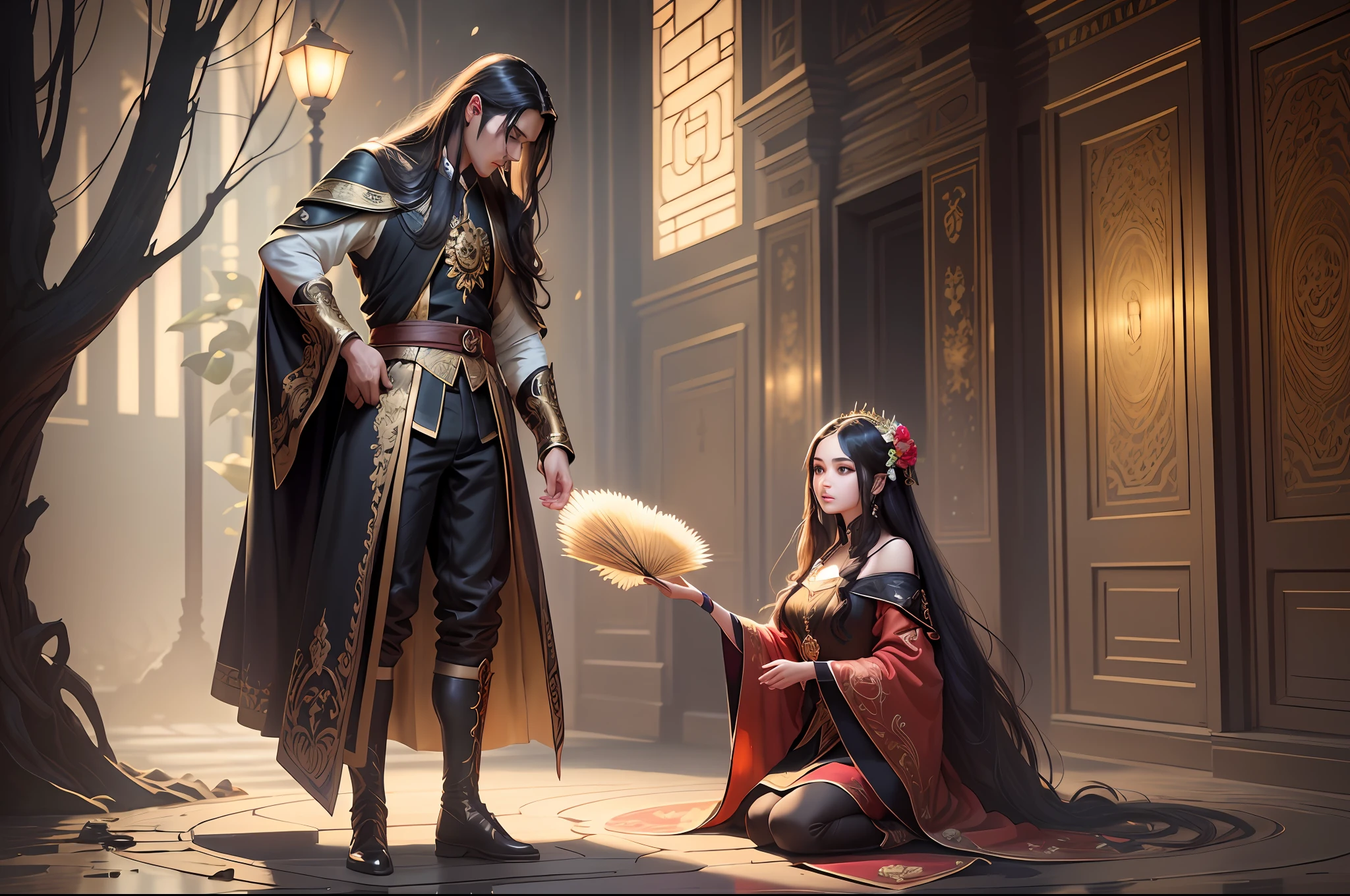 Masterpiece, Best Quality, (Very Detailed CG Unity 8k Wallpaper), (Best Quality), (Best Illustration), (Best Shadows), Absurd, Realistic Lighting, (Abyss), Beautiful Detailed Glow, Peter Mohr Beighter's art, masterpiece, best quality, (very detailed CG unified 8k wallpaper), (best quality), (best illustration), (best shadow), ultra-detailed, "They are an ancient couple, | The boy is tall, broad shoulders and strong arms, his face is well-defined, handsome, and his eyes are deep and clear. He wore a wide robe with exquisite embroidery on it, a pair of loose pants underneath, and a pair of leather boots under his feet, and the whole person looked calm and restrained. | The girl has a graceful figure, smart and beautiful, and her big eyes and long black hair make her look extremely charming. She wore a bright red robe with exquisite embroidery and gold thread, the hem of the dress fluttered in the wind, and a pair of red embroidered shoes at the corner of the skirt made her look beautiful and cute. They came to a lotus pond, and the lotus flowers glowed faintly golden in the moonlight, which was very beautiful. "Digital Art, trending artstation, 4K, high detail, cinematic lighting, intricate, high detail, sharp-focused, dramatic, realistic