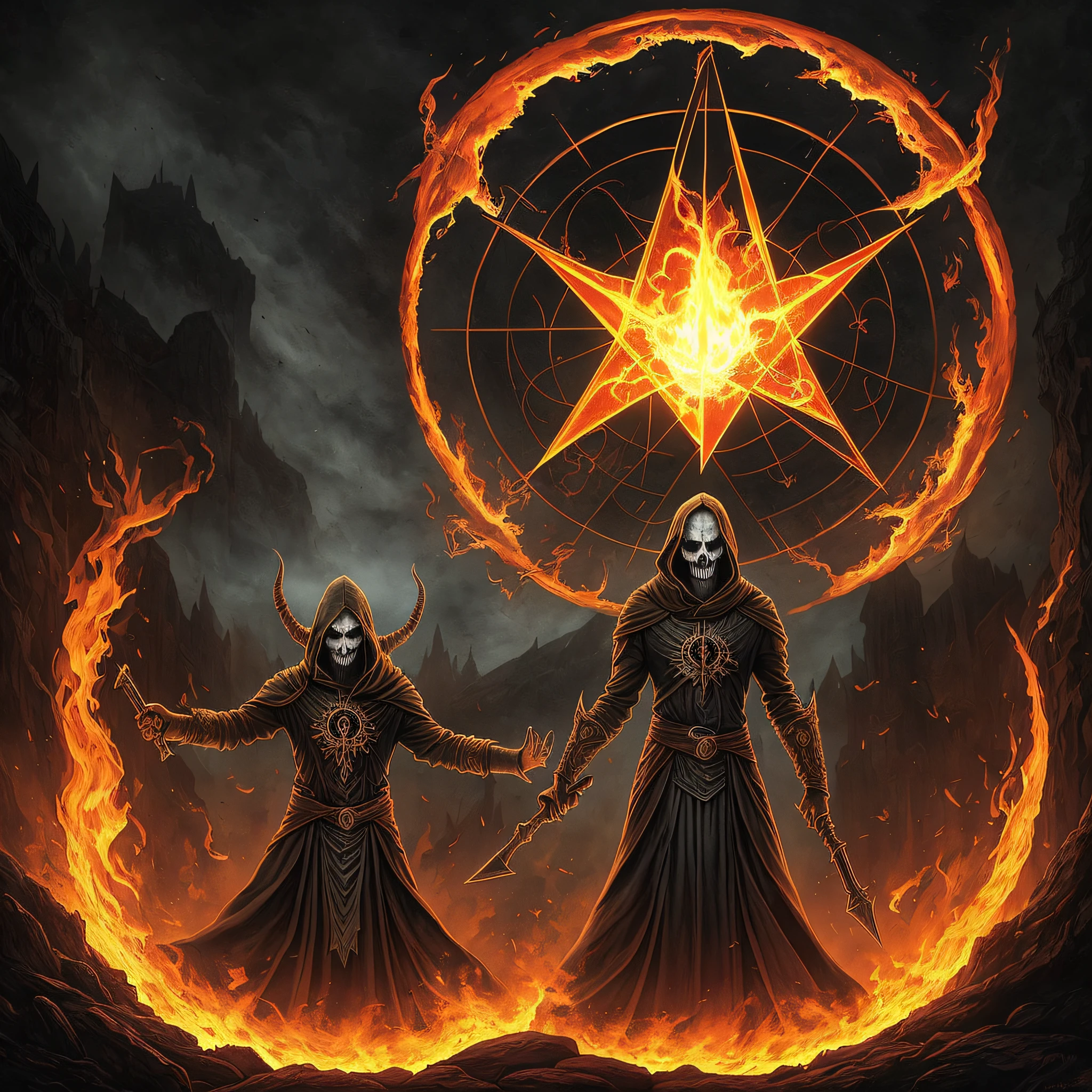 realistic demons and fire, Arcanorum Astrum, write Arcanorum Astrum, inscription on the painting Arcanorum Astrum, all in dark colors, ritual with sacrifice, black holes instead of faces, fog and smoke, black colors, necromancer looking at the sky, darkness instead of eyes, black holes instead of eyes, all in smoke, fog and fire, against the background of a huge pentagram, sacrifice, ritual dagger in his hands, skulls, bones and blood