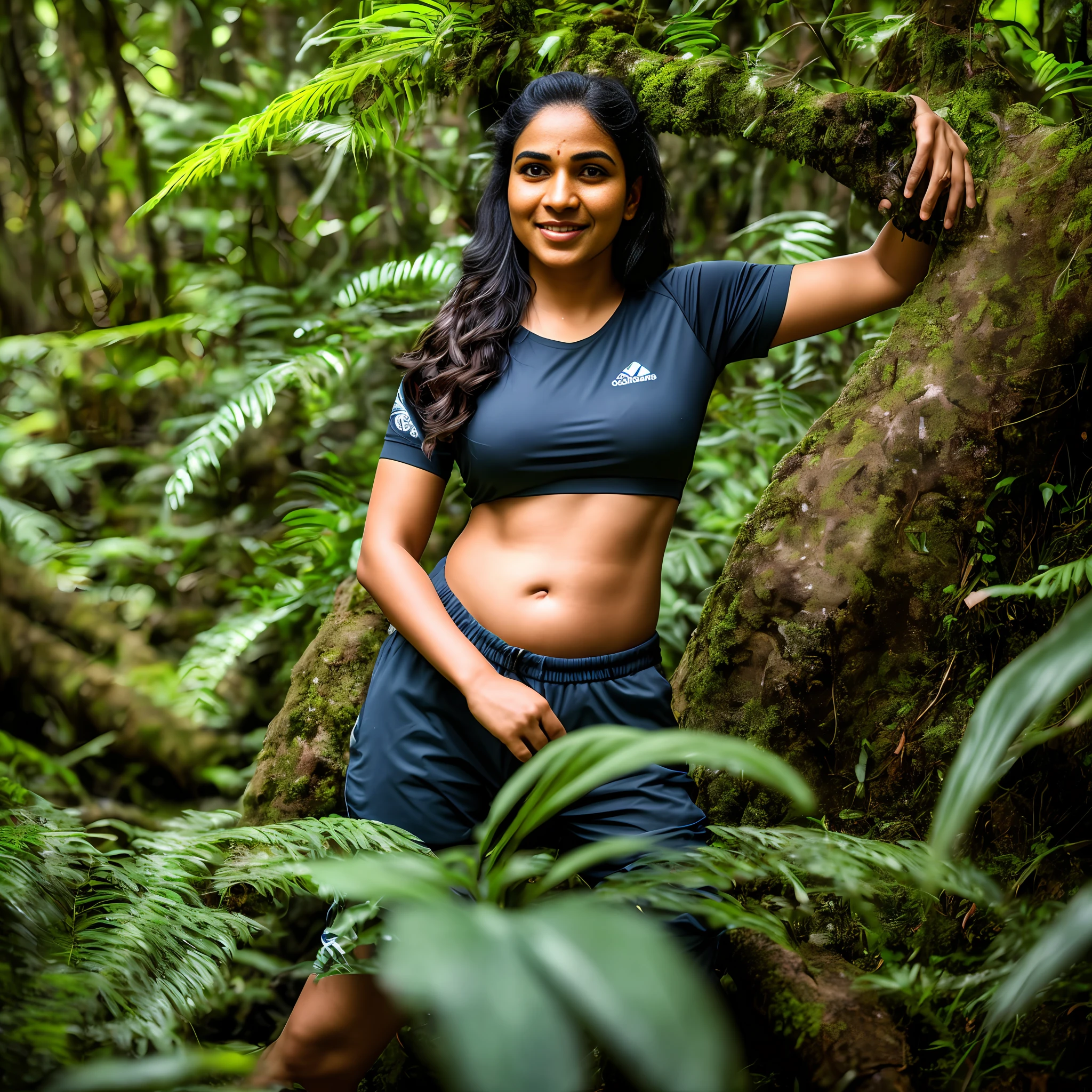 Indian kerala woman hiker standing in a rainforest ,8k uhd, digital SLR camera, soft light, high quality, film grain,high detail,UHD, masterpiece, accurate, anatomically correct, super detail, high quality, 16k, highres, award winning, ((full body shot)),soft light rays, realistic skin texture, extreme skin details, photorealistic, photograph, realistic, realism, photorealism, film grains, lifelike texture, dynamic composition, contrast lighting, sharp focus, raw photo, visible navel, visible knees, ((close up portrait))