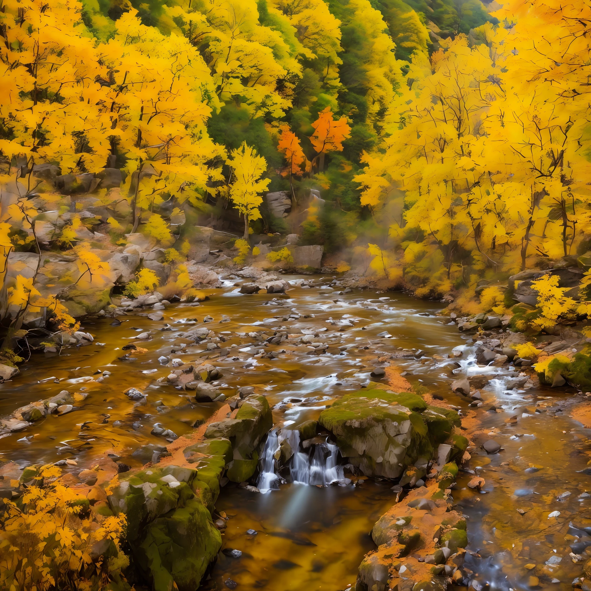 There is a stream running through a rocky area with trees in the background, a river with stunning water, a gorge in the mountains, mysterious canyon streams, a river flowing with a waterfall, a small river, a sunny day, autumn, a scenic view of the river, a photograph, next to a small river --auto --s2