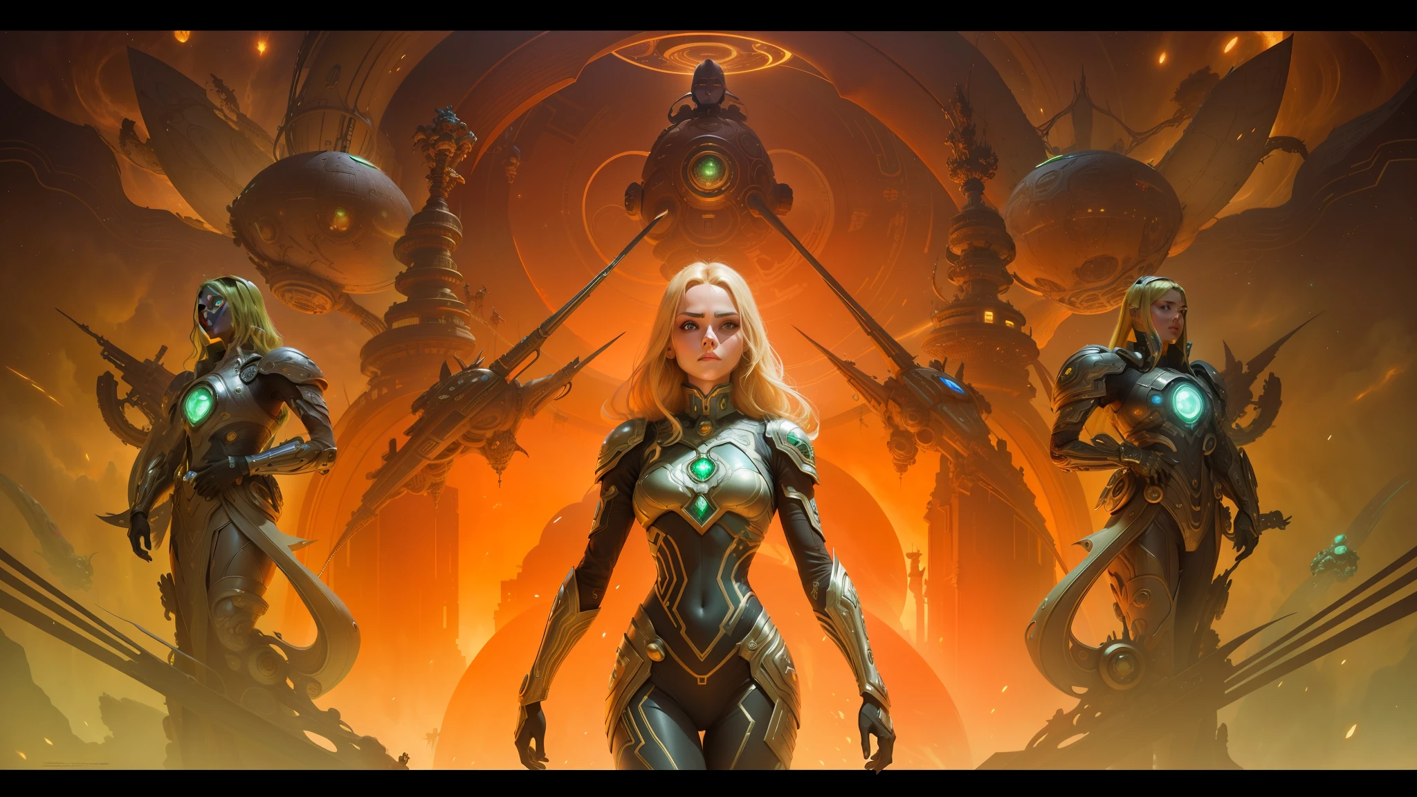 arafed image of a woman in a futuristic suit surrounded by aliens, jodorowsky's dune, weapons arrays, inspired by James C. Christensen, blonde girl in a cosmic dress, pc boxart, a blonde emerald warrior, syndicate(2012), panoramic anamorphic, john stephens --auto --s2