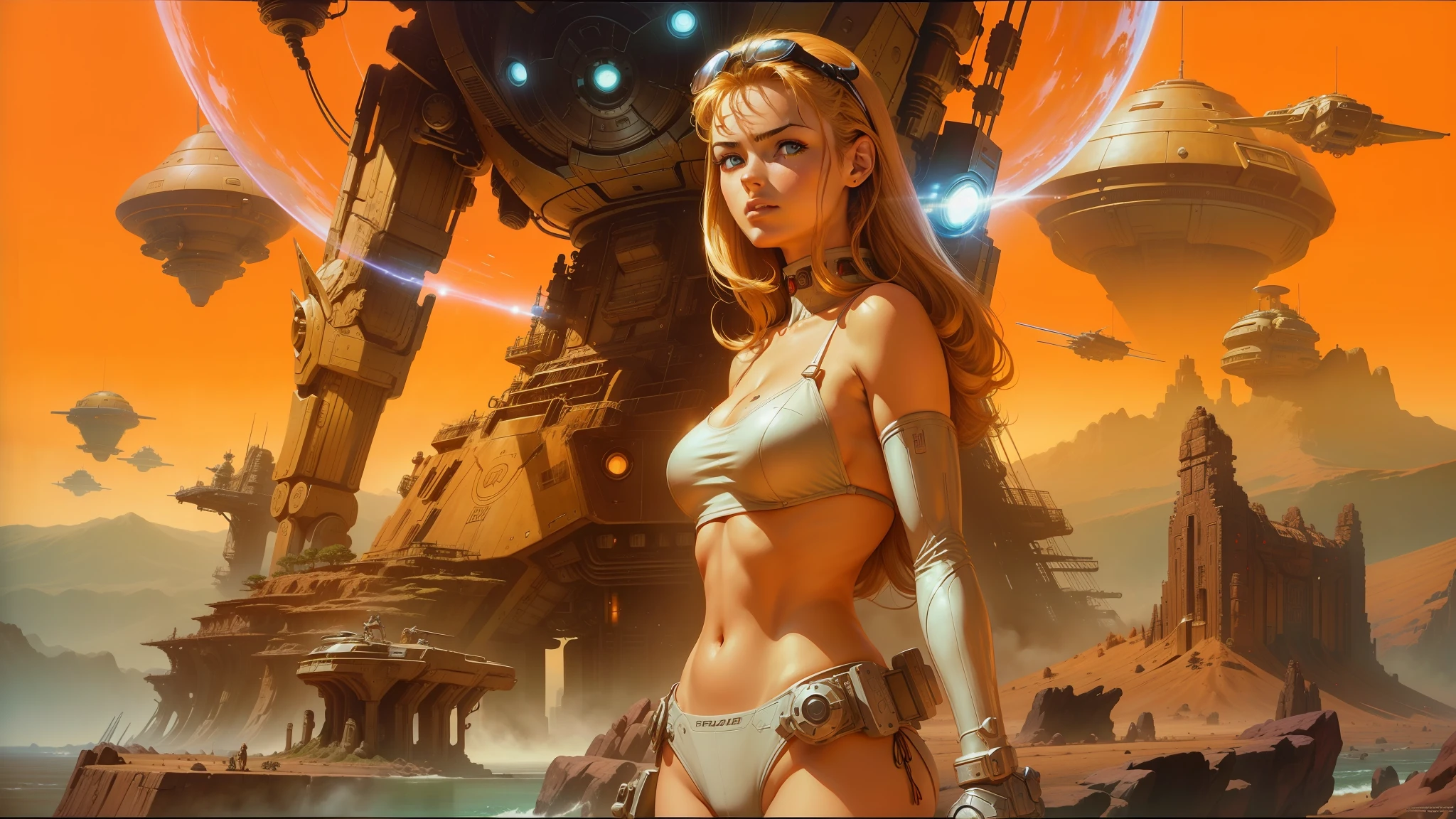 arafed image of a woman in a bikini standing in front of a giant robot, les edwards poster art, netfilx !n-9, terry moore, inspired by Konstantin Vasilyev, boardgamegeek, in intergalactic japan, mark brooks detailed, el dorado, dreamcast, pioneering aesthetic --auto --s2