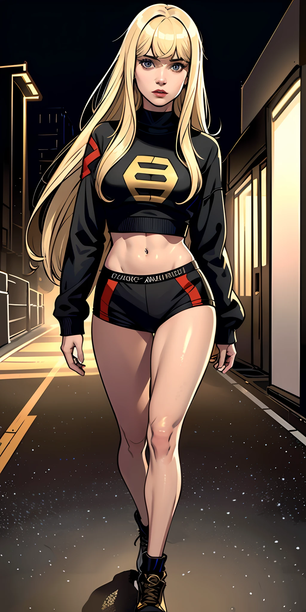 solo, 1 woman, she is magik (long blond hair whith bangs, olhos azuis, forte), vestindo loose sweatshirt and tight shorts, walking in russia, mafia area, masterpiece, best quality, 8k, sharp focus, depth of field, best shadows, perfect lights, HDR, realistic skin texture, intricately detailed, hyper detailed background