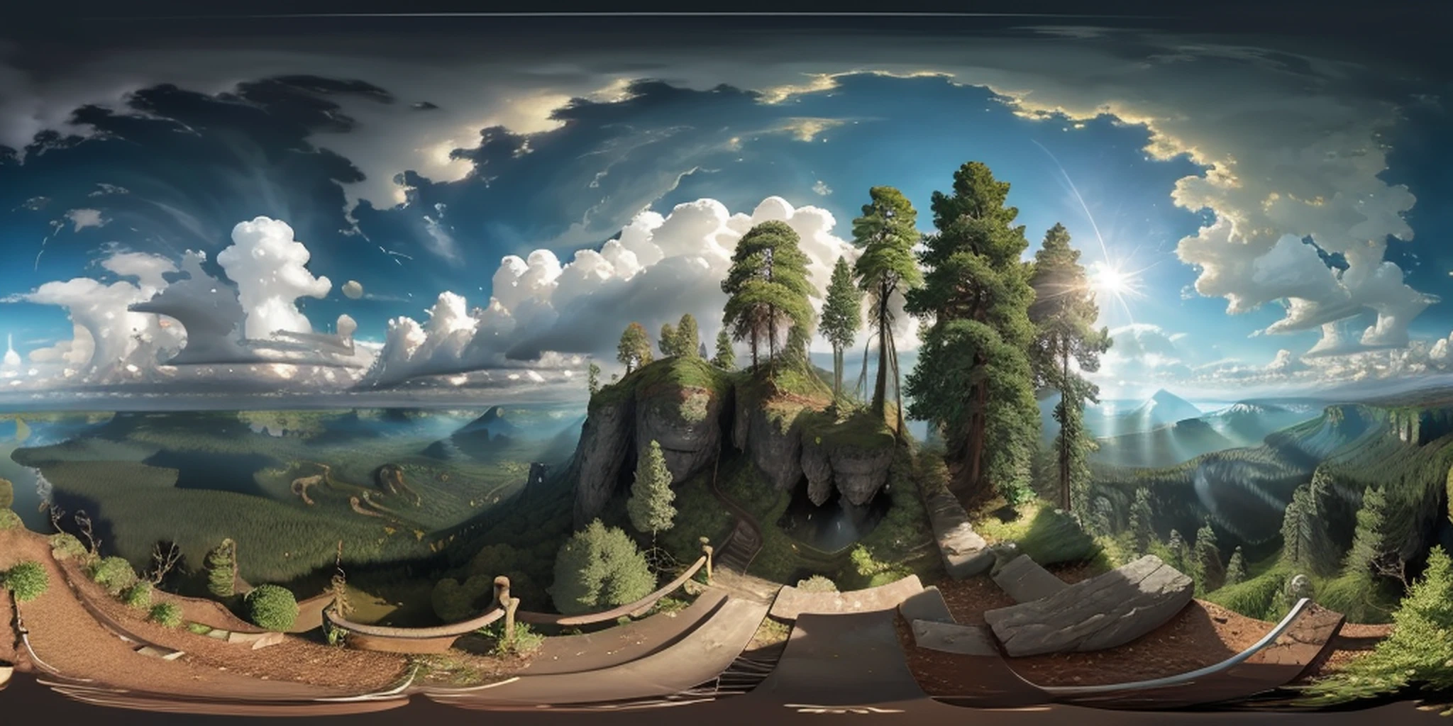 an equirectangular panorama 360, modelshoot style, (extremely detailed 8k CG unit wallpaper), sky with clouds and radiance of the sun, real amazing clouds, trends in artstation, pixiv, hyper-detailed Unreal Engine 4k 8k ultra HD, J.R. TOLKIEN, many trees, closed forest horizon, rocks cutting through closed forest forest, masterpiece, concept art, J.R. Tolkien, Claude Lorrain,  trend in ArtStation, trend in CGSociety, Intricate, High Detail, Sharp focus, dramatic and photorealistic painting, 16k