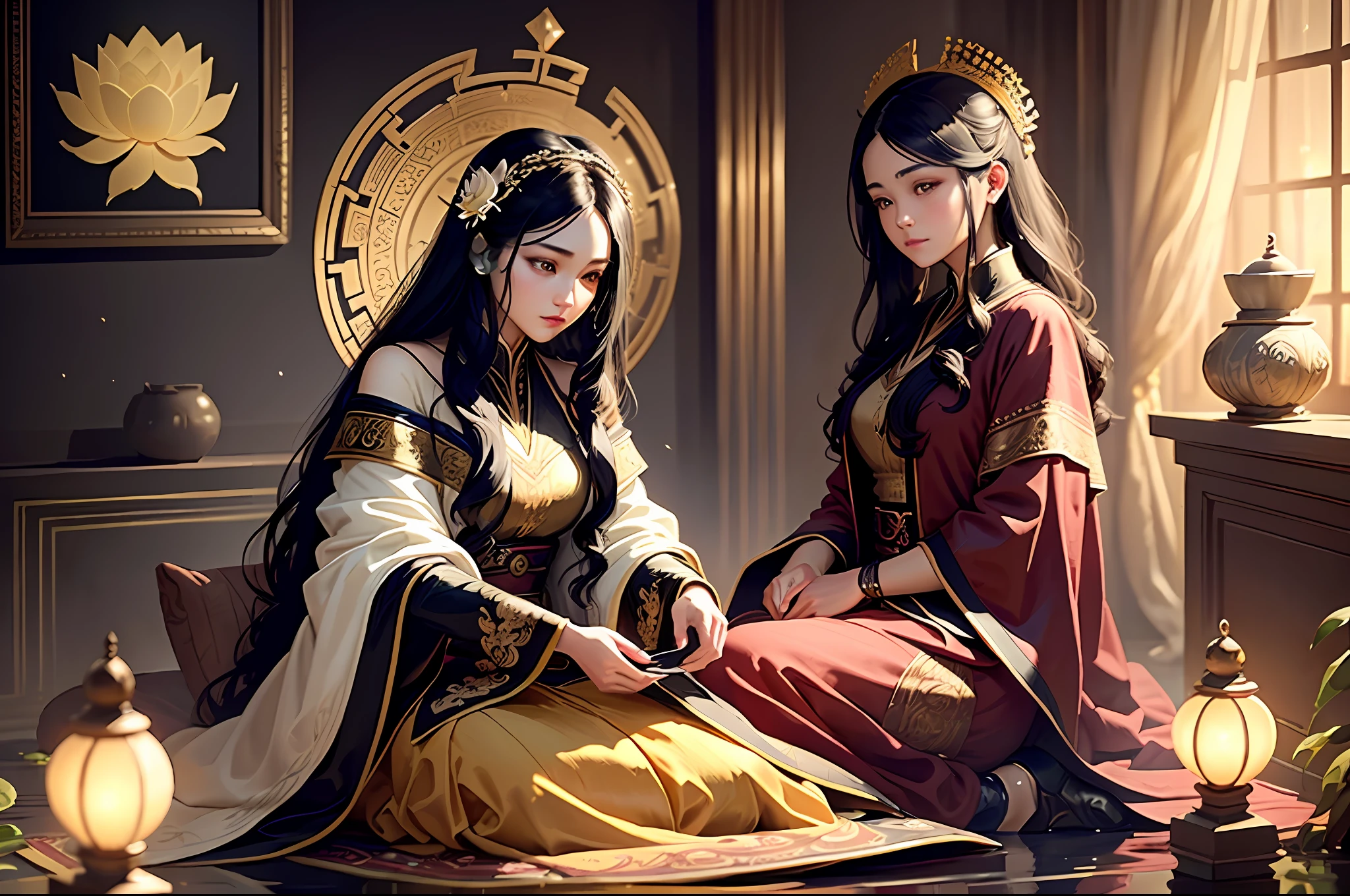 Masterpiece, Best Quality, (Very Detailed CG Unity 8k Wallpaper), (Best Quality), (Best Illustration), (Best Shadows), Absurd, Realistic Lighting, (Abyss), Beautiful Detailed Glow, Peter Mohr Beighter's art, masterpiece, best quality, (very detailed CG unified 8k wallpaper), (best quality), (best illustration), (best shadow), ultra-detailed, "They are an ancient couple, | The boy is tall, broad shoulders and strong arms, his face is well-defined, handsome, and his eyes are deep and clear. He wore a wide robe with exquisite embroidery on it, a pair of loose pants underneath, and a pair of leather boots under his feet, and the whole person looked calm and restrained. | The girl has a graceful figure, smart and beautiful, and her big eyes and long black hair make her look extremely charming. She wore a bright red robe with exquisite embroidery and gold thread, the hem of the dress fluttered in the wind, and a pair of red embroidered shoes at the corner of the skirt made her look beautiful and cute. They came to a lotus pond, and the lotus flowers glowed faintly golden in the moonlight, which was very beautiful. "Digital Art, trending artstation, 4K, high detail, cinematic lighting, intricate, high detail, sharp-focused, dramatic, realistic