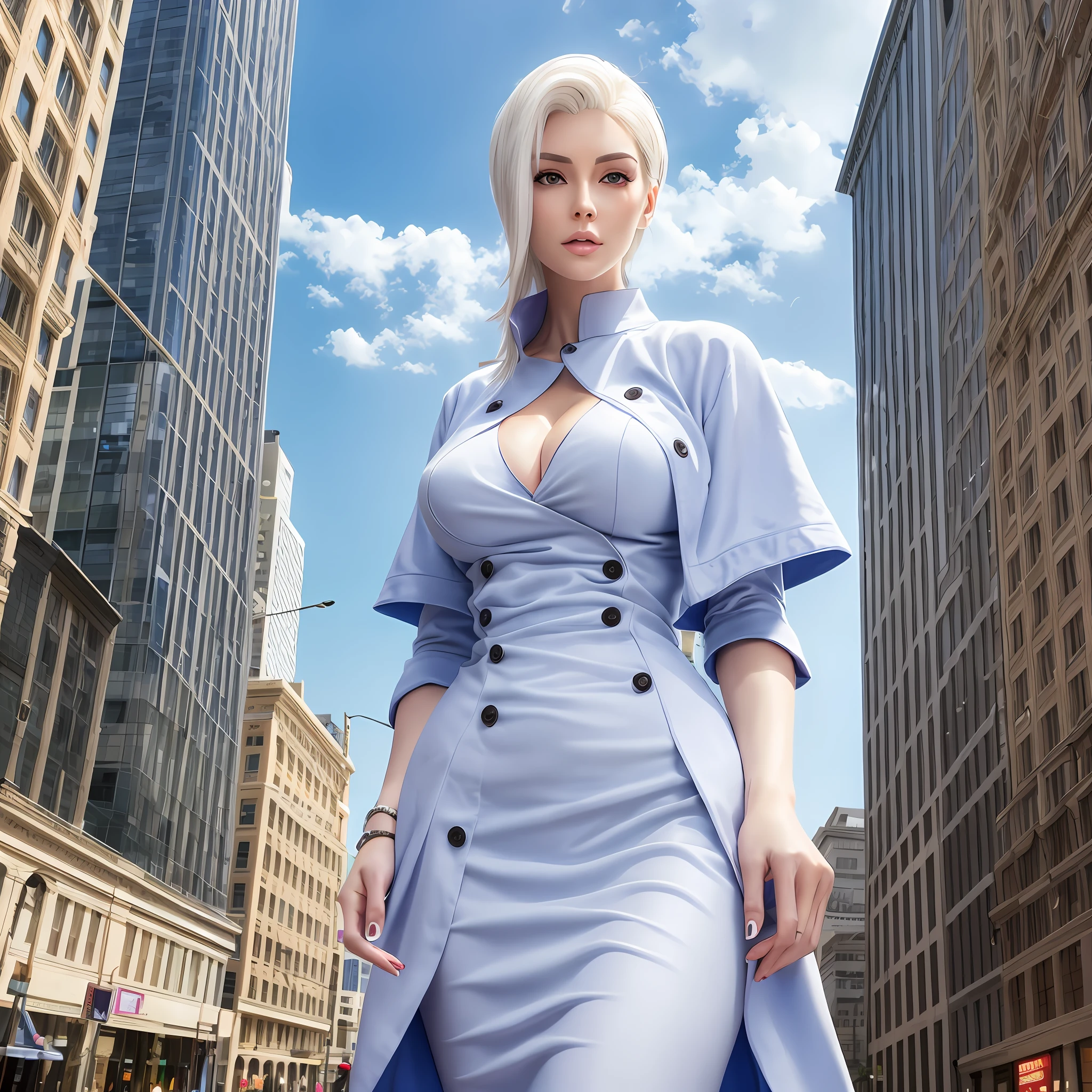 Beautiful tall woman with white hair and bluish eyes super realistic well detailed in the city