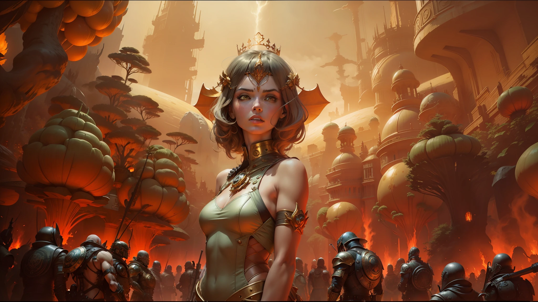 there is a woman standing in front of a large group of aliens, inspired by Volkan Baga, beautiful female warrior, amanita, protagonist in foreground, megadeth, red gold color palette, miles johnstone, with a crown of skulls, armor girl, in the technique of old masters, widescreen shot, mantra rendering, gilded lotus princess, dieselpunk --auto --s2