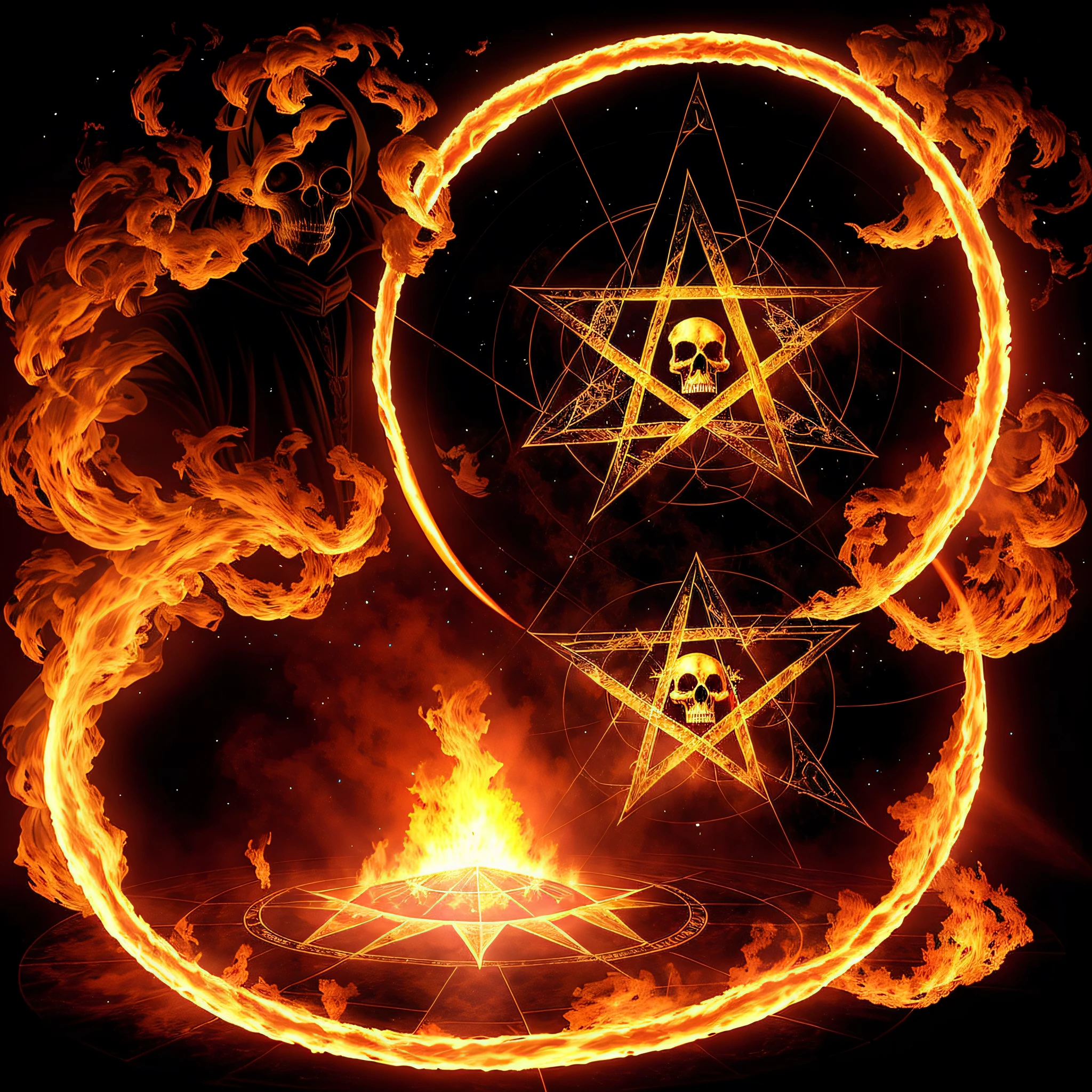 realistic demons and fire, Arcanorum Astrum, against the background of a huge pentagram, Arcanorum Astrum, the inscription on the painting Arcanorum Astrum, all in dark colors, ritual with sacrifice, black holes instead of faces, fog and smoke, black colors, necromancer looking at the sky, darkness instead of eyes, black holes instead of eyes, all in smoke, fog and fire, against the background of a huge pentagram, sacrifices, ritual dagger in hand, skulls, bones and blood