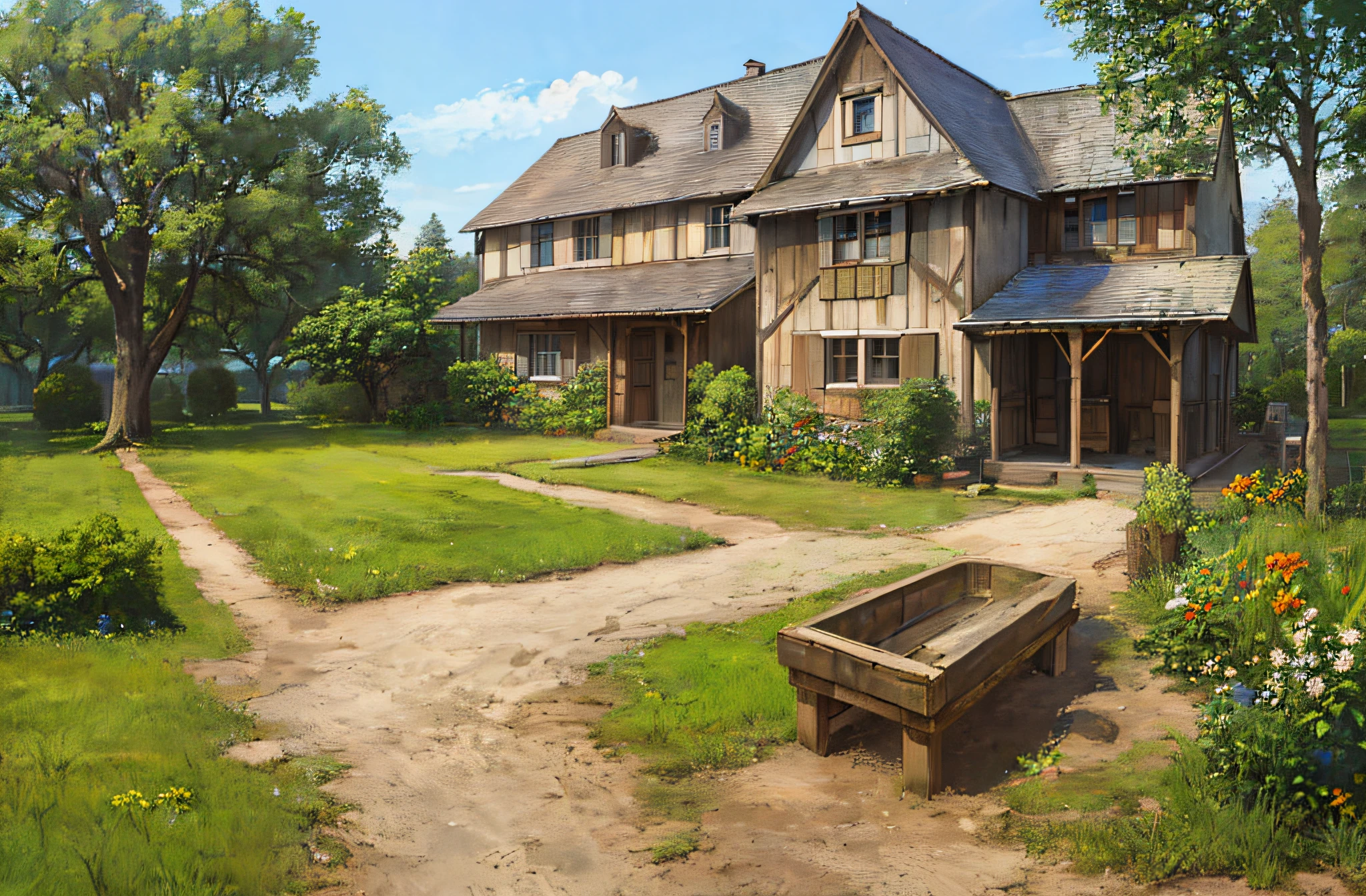 (masterpiece, best quality, ultra-detailed, illustration), old backpack, straps, village, old houses, outdoors, folk, legends