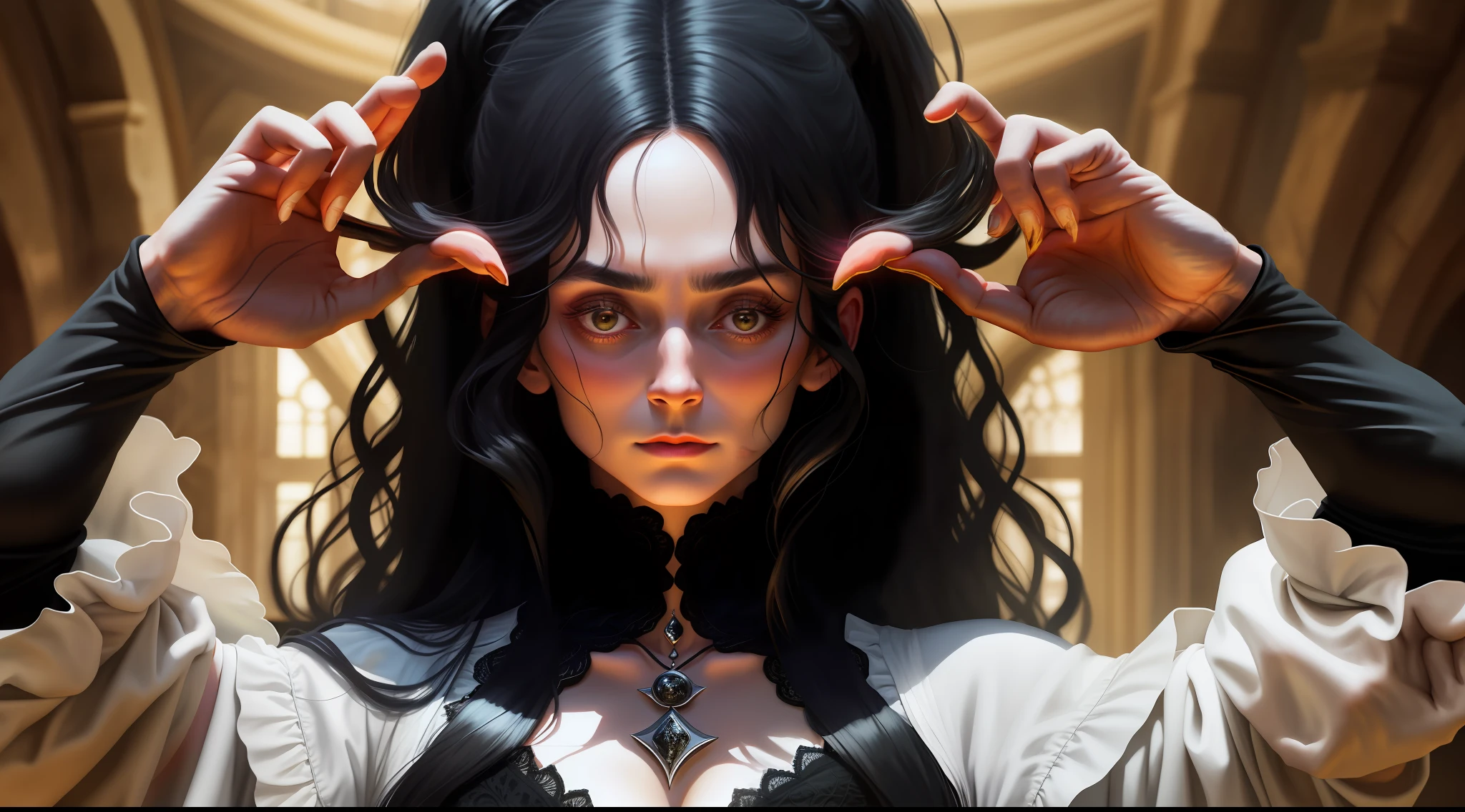 Villain, 200-year-old witch, long black hair, magic in her hands shining