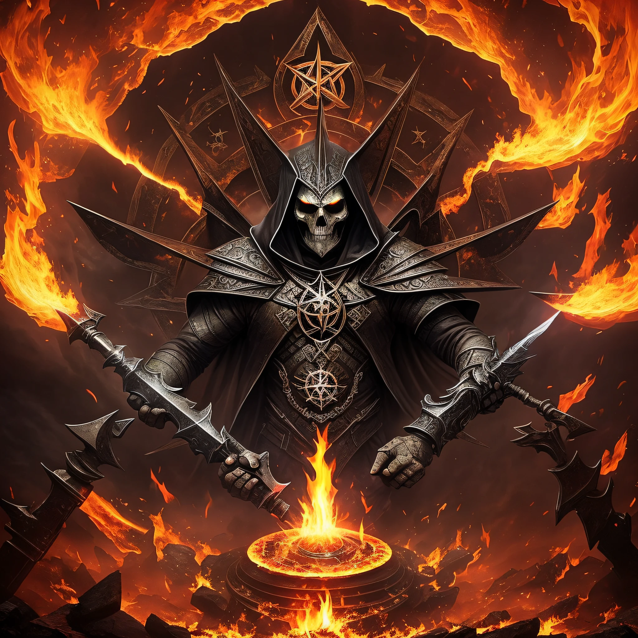 realistic demons and fire, Arcanorum Astrum, against the background of a huge pentagram, write Arcanorum Astrum, the inscription on the painting Arcanorum Astrum, all in dark colors, ritual with sacrifice, black holes instead of faces, fog and smoke, black colors, necromancer looking at the sky, darkness instead of eyes, black holes instead of eyes, all in smoke, fog and fire, against the background of a huge pentagram, sacrifices, ritual dagger in hand, skulls, bones and blood --auto --s2